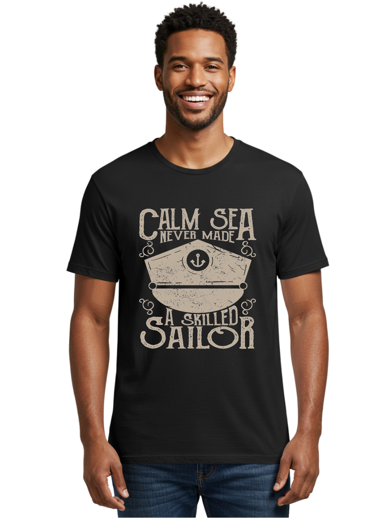 Calm Sea -Men Men'S Graphic Tee, 100% Cotton, Comfortable Casual Summer Wear, Machine Washable, Sailor Quote, Nautical Theme, Motivational Phrase, Captain Hat, Anchor Symbol, Sailing Inspiration, Distressed Design, Typography Art Aae167