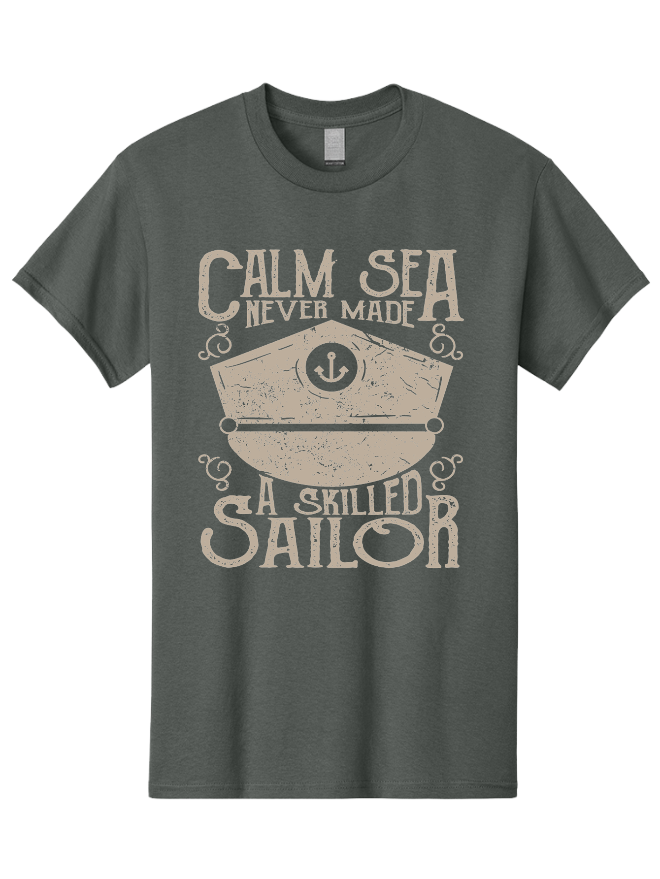 Calm Sea -Men Men'S Graphic Tee, 100% Cotton, Comfortable Casual Summer Wear, Machine Washable, Sailor Quote, Nautical Theme, Motivational Phrase, Captain Hat, Anchor Symbol, Sailing Inspiration, Distressed Design, Typography Art Aae167