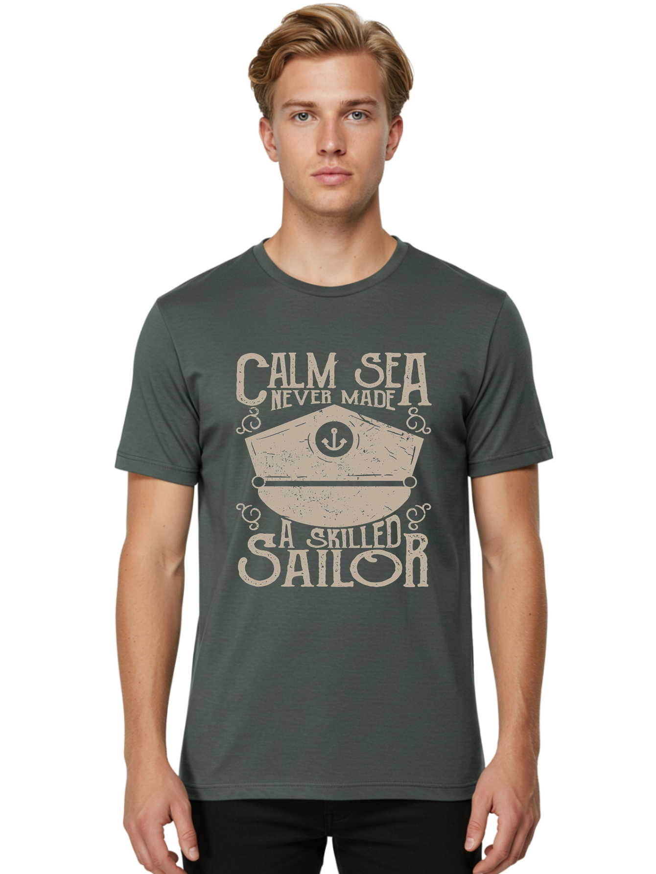 Calm Sea -Men Men'S Graphic Tee, 100% Cotton, Comfortable Casual Summer Wear, Machine Washable, Sailor Quote, Nautical Theme, Motivational Phrase, Captain Hat, Anchor Symbol, Sailing Inspiration, Distressed Design, Typography Art Aae167