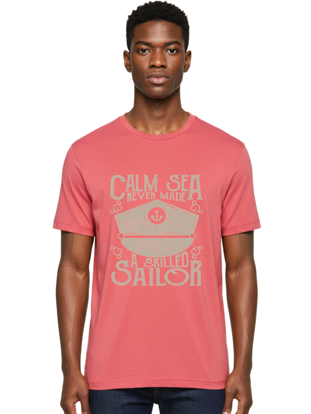 Calm Sea -Men Men'S Graphic Tee, 100% Cotton, Comfortable Casual Summer Wear, Machine Washable, Sailor Quote, Nautical Theme, Motivational Phrase, Captain Hat, Anchor Symbol, Sailing Inspiration, Distressed Design, Typography Art Aae167