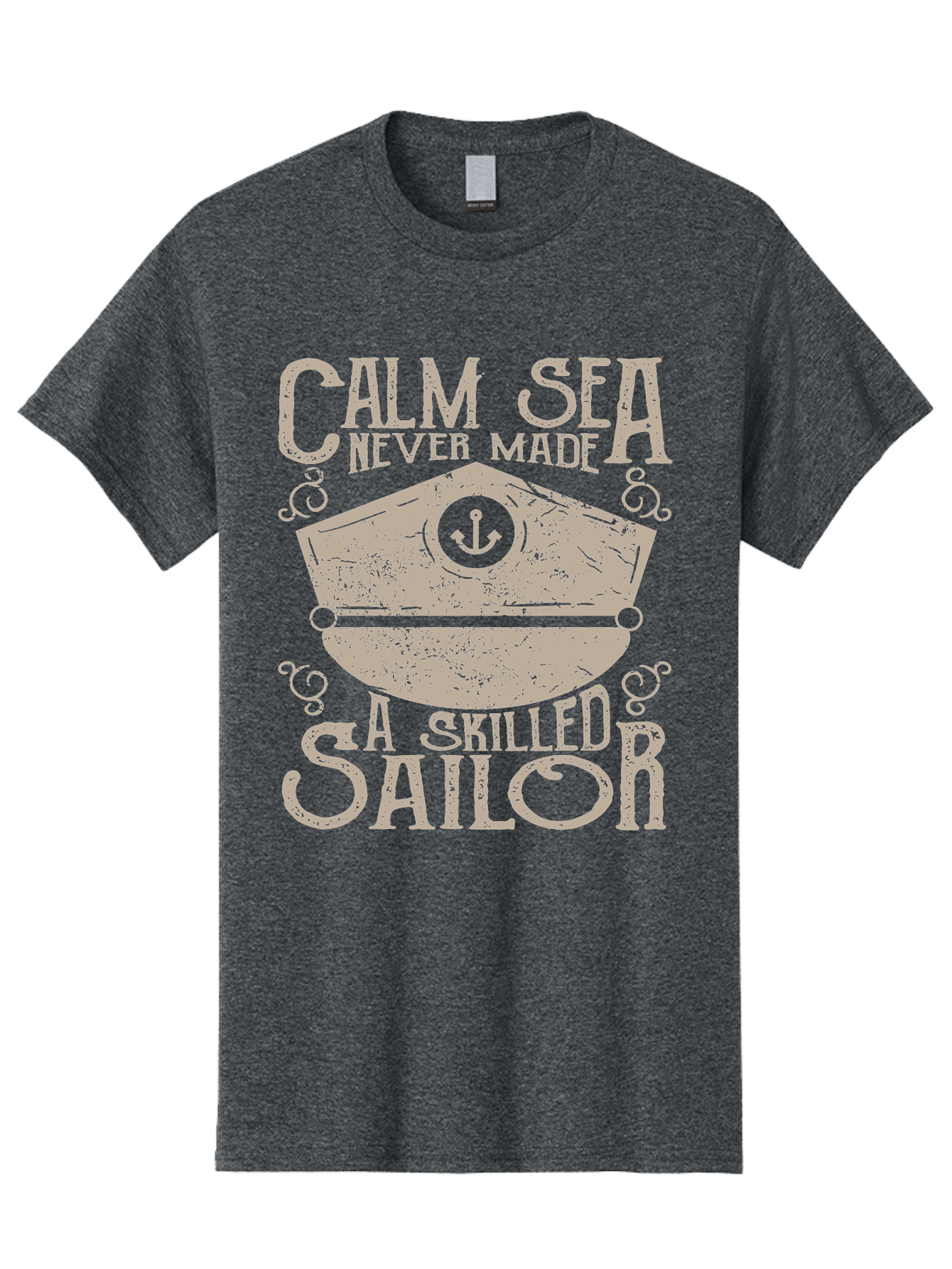 Calm Sea -Men Men'S Graphic Tee, 100% Cotton, Comfortable Casual Summer Wear, Machine Washable, Sailor Quote, Nautical Theme, Motivational Phrase, Captain Hat, Anchor Symbol, Sailing Inspiration, Distressed Design, Typography Art Aae167