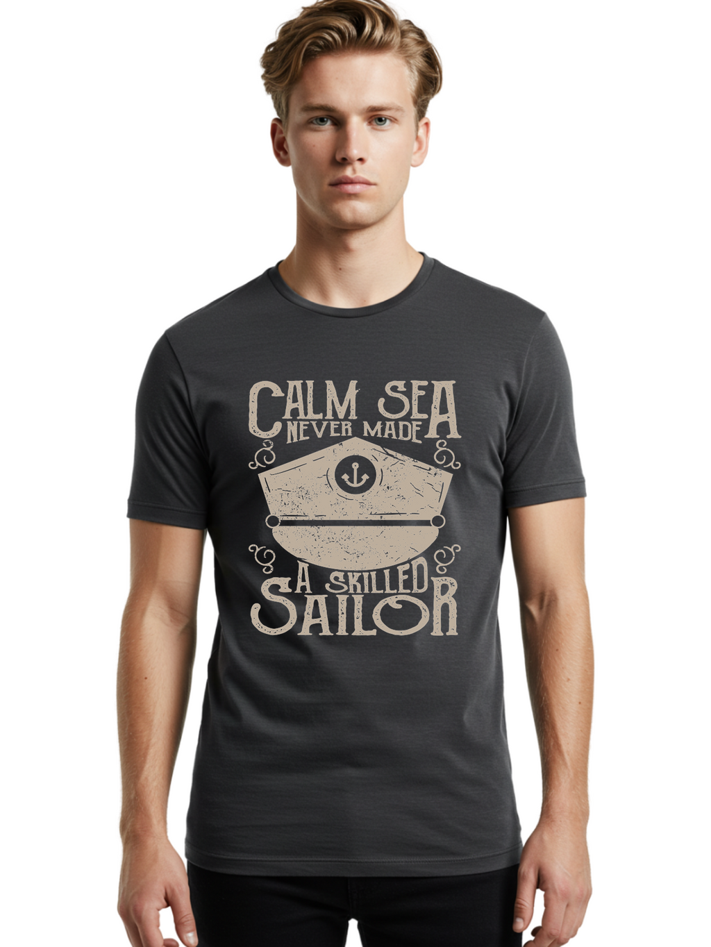 Calm Sea -Men Men'S Graphic Tee, 100% Cotton, Comfortable Casual Summer Wear, Machine Washable, Sailor Quote, Nautical Theme, Motivational Phrase, Captain Hat, Anchor Symbol, Sailing Inspiration, Distressed Design, Typography Art Aae167