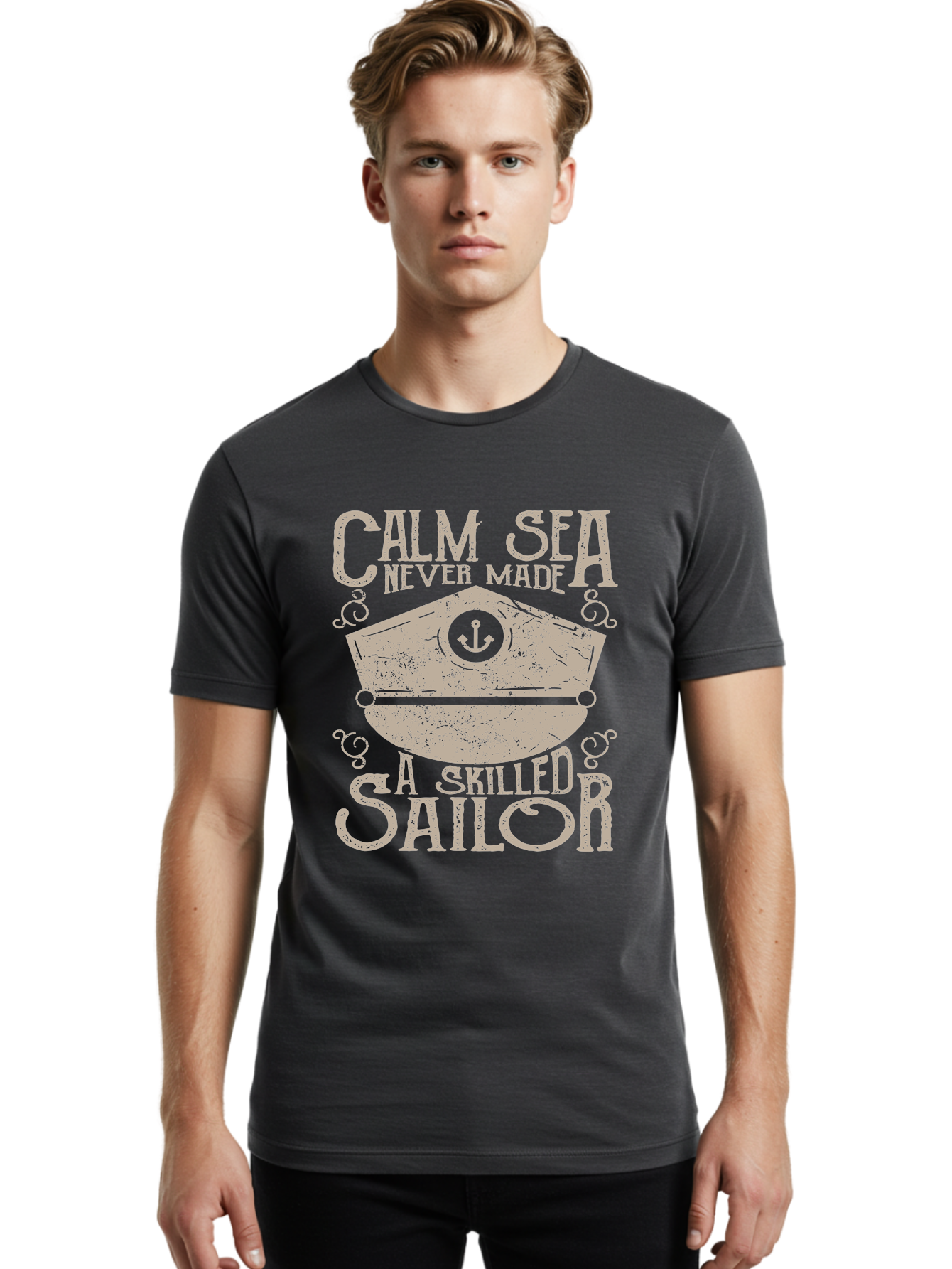 Calm Sea -Men Men'S Graphic Tee, 100% Cotton, Comfortable Casual Summer Wear, Machine Washable, Sailor Quote, Nautical Theme, Motivational Phrase, Captain Hat, Anchor Symbol, Sailing Inspiration, Distressed Design, Typography Art Aae167