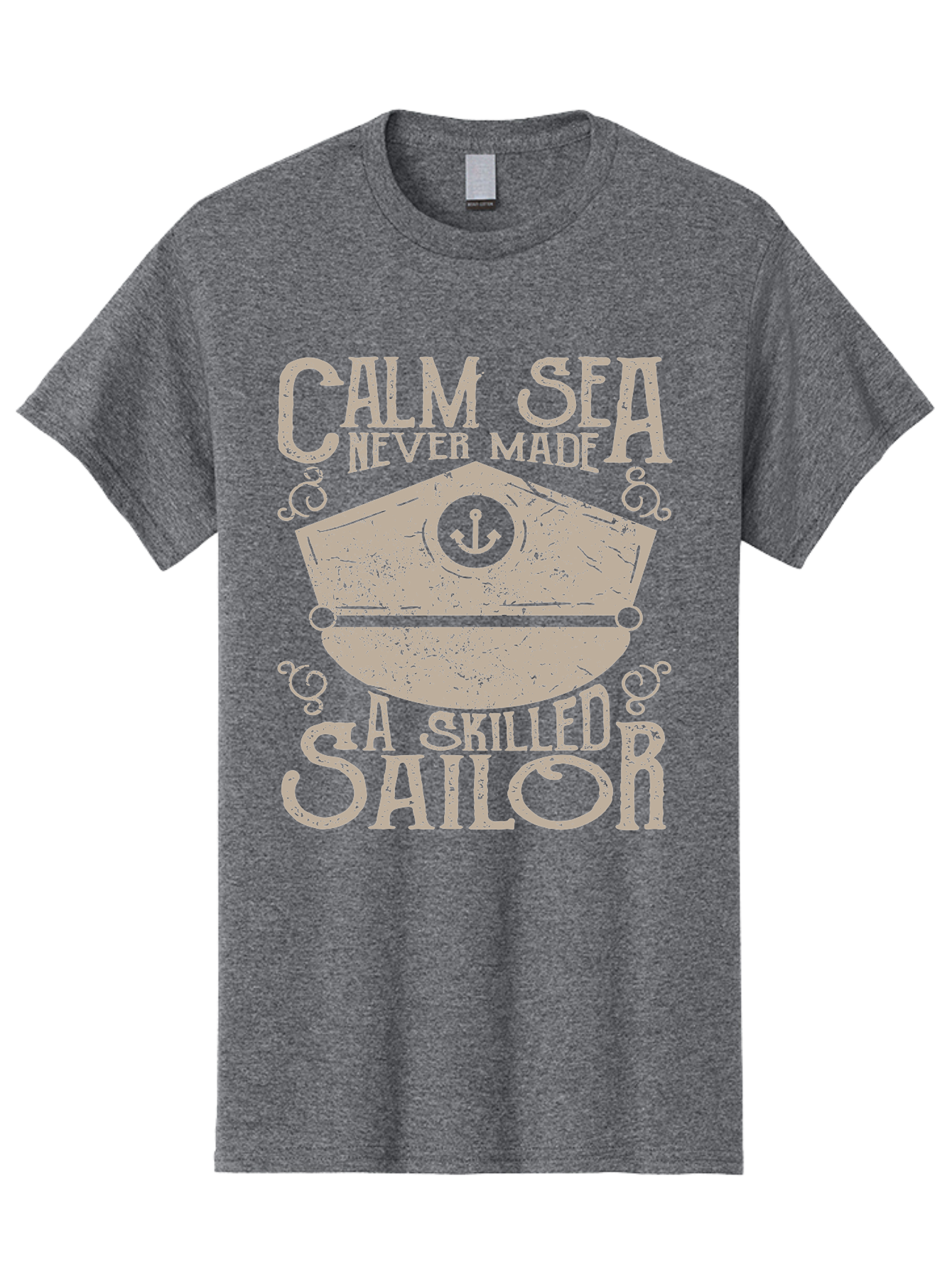 Calm Sea -Men Men'S Graphic Tee, 100% Cotton, Comfortable Casual Summer Wear, Machine Washable, Sailor Quote, Nautical Theme, Motivational Phrase, Captain Hat, Anchor Symbol, Sailing Inspiration, Distressed Design, Typography Art Aae167