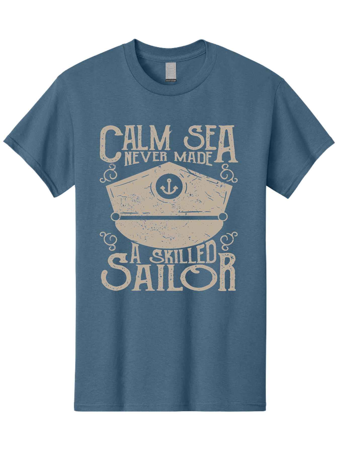 Calm Sea -Men Men'S Graphic Tee, 100% Cotton, Comfortable Casual Summer Wear, Machine Washable, Sailor Quote, Nautical Theme, Motivational Phrase, Captain Hat, Anchor Symbol, Sailing Inspiration, Distressed Design, Typography Art Aae167