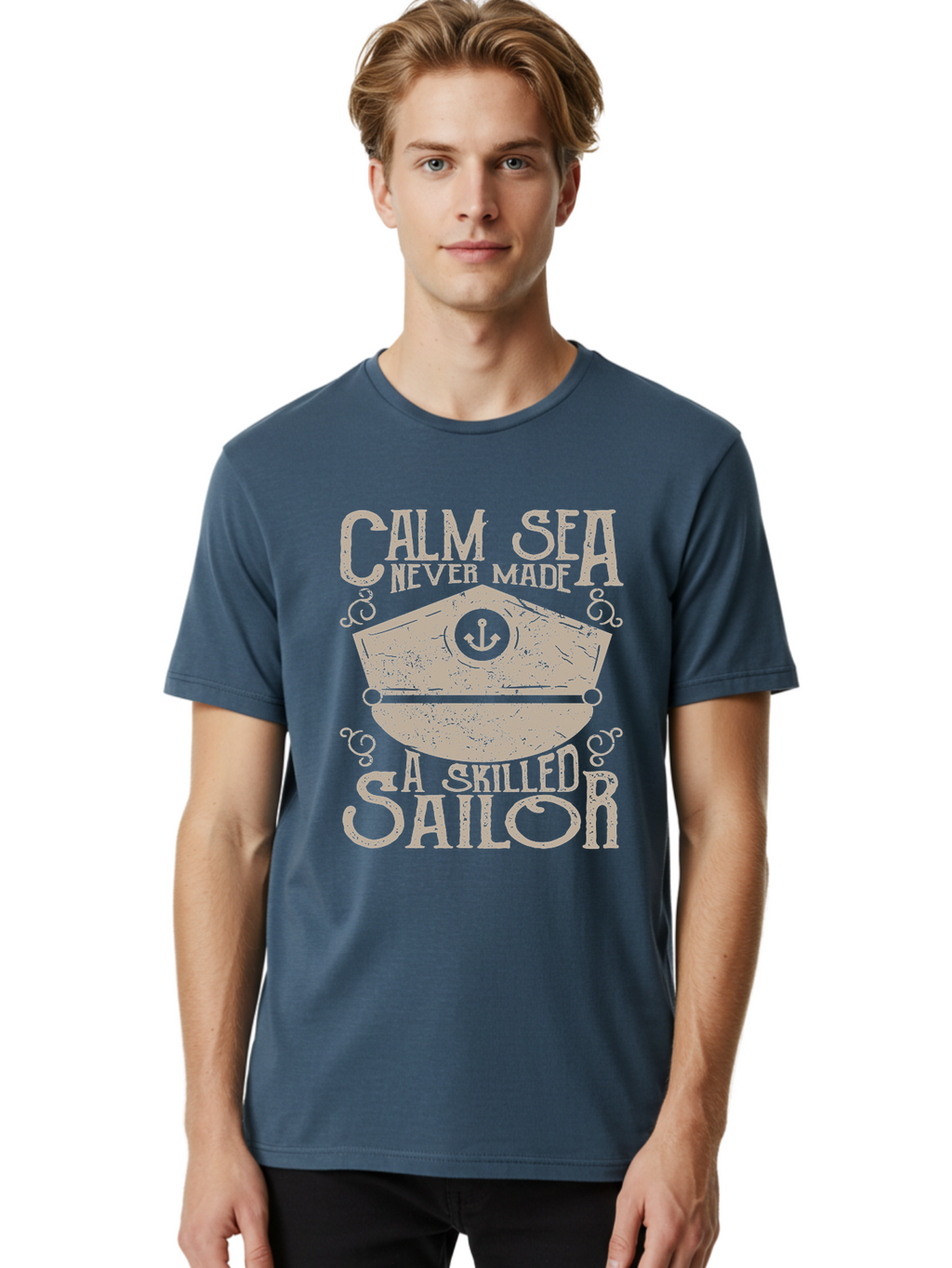 Calm Sea -Men Men'S Graphic Tee, 100% Cotton, Comfortable Casual Summer Wear, Machine Washable, Sailor Quote, Nautical Theme, Motivational Phrase, Captain Hat, Anchor Symbol, Sailing Inspiration, Distressed Design, Typography Art Aae167