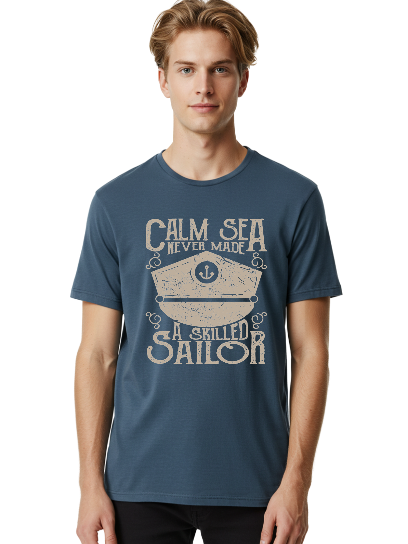 Calm Sea -Men Men'S Graphic Tee, 100% Cotton, Comfortable Casual Summer Wear, Machine Washable, Sailor Quote, Nautical Theme, Motivational Phrase, Captain Hat, Anchor Symbol, Sailing Inspiration, Distressed Design, Typography Art Aae167