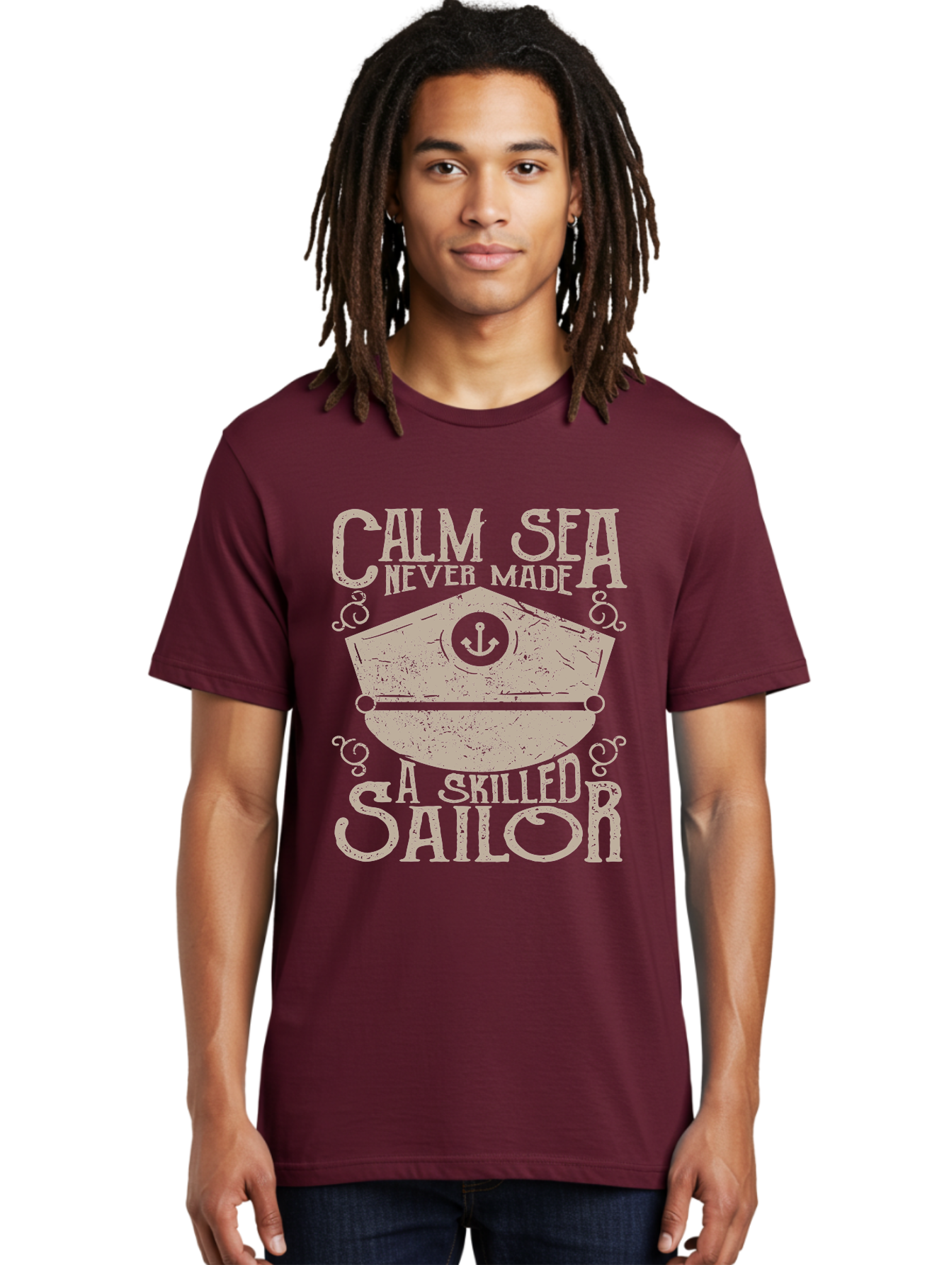 Calm Sea -Men Men'S Graphic Tee, 100% Cotton, Comfortable Casual Summer Wear, Machine Washable, Sailor Quote, Nautical Theme, Motivational Phrase, Captain Hat, Anchor Symbol, Sailing Inspiration, Distressed Design, Typography Art Aae167