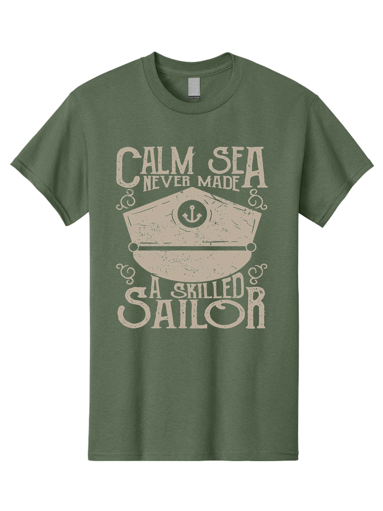 Calm Sea -Men Men'S Graphic Tee, 100% Cotton, Comfortable Casual Summer Wear, Machine Washable, Sailor Quote, Nautical Theme, Motivational Phrase, Captain Hat, Anchor Symbol, Sailing Inspiration, Distressed Design, Typography Art Aae167