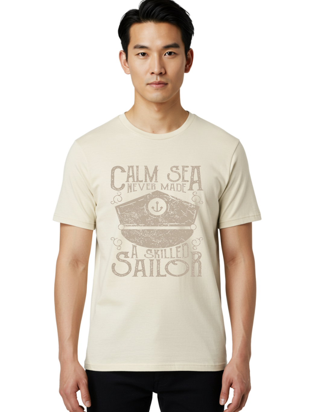 Calm Sea -Men Men'S Graphic Tee, 100% Cotton, Comfortable Casual Summer Wear, Machine Washable, Sailor Quote, Nautical Theme, Motivational Phrase, Captain Hat, Anchor Symbol, Sailing Inspiration, Distressed Design, Typography Art Aae167