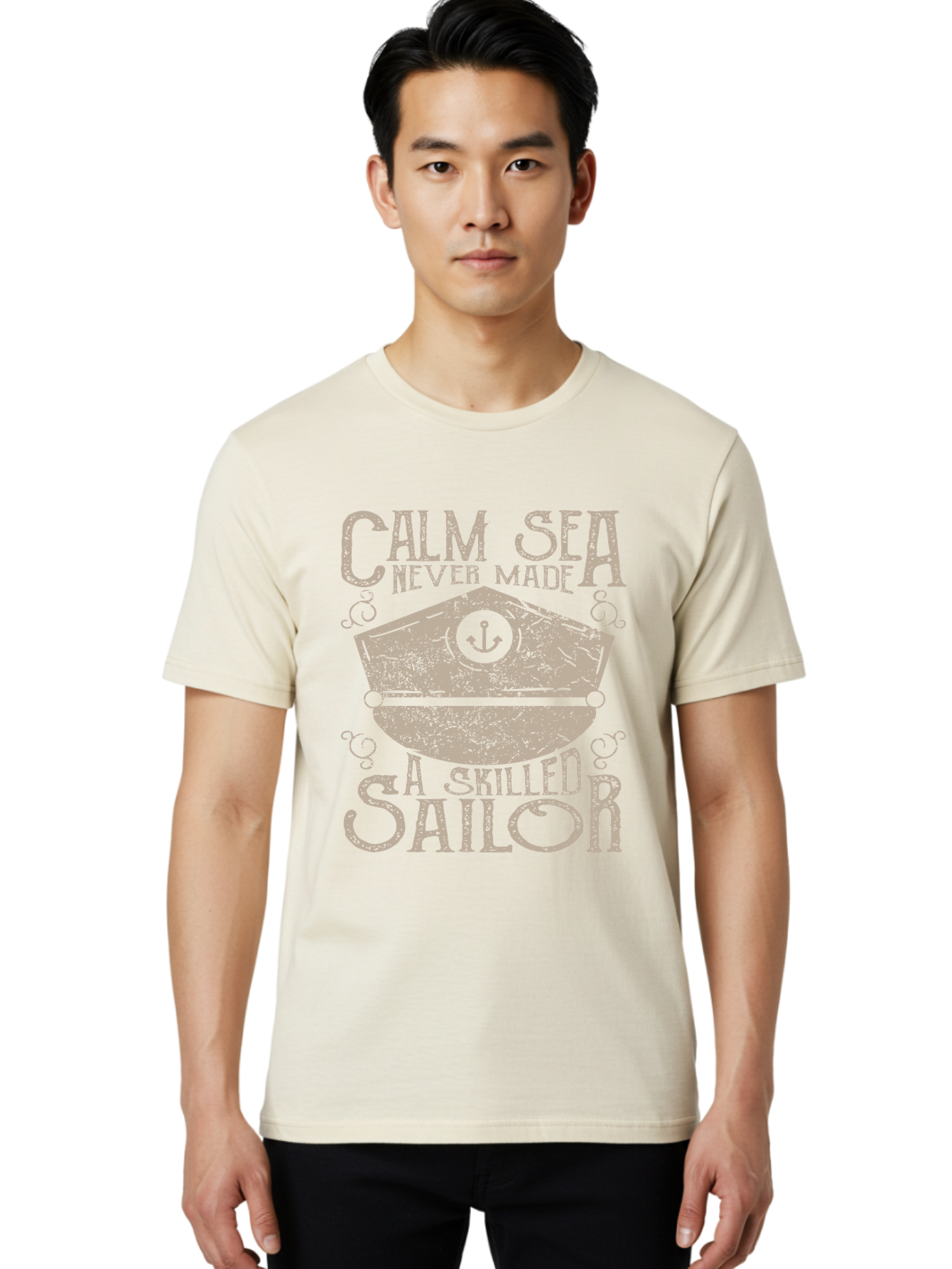Calm Sea -Men Men'S Graphic Tee, 100% Cotton, Comfortable Casual Summer Wear, Machine Washable, Sailor Quote, Nautical Theme, Motivational Phrase, Captain Hat, Anchor Symbol, Sailing Inspiration, Distressed Design, Typography Art Aae167