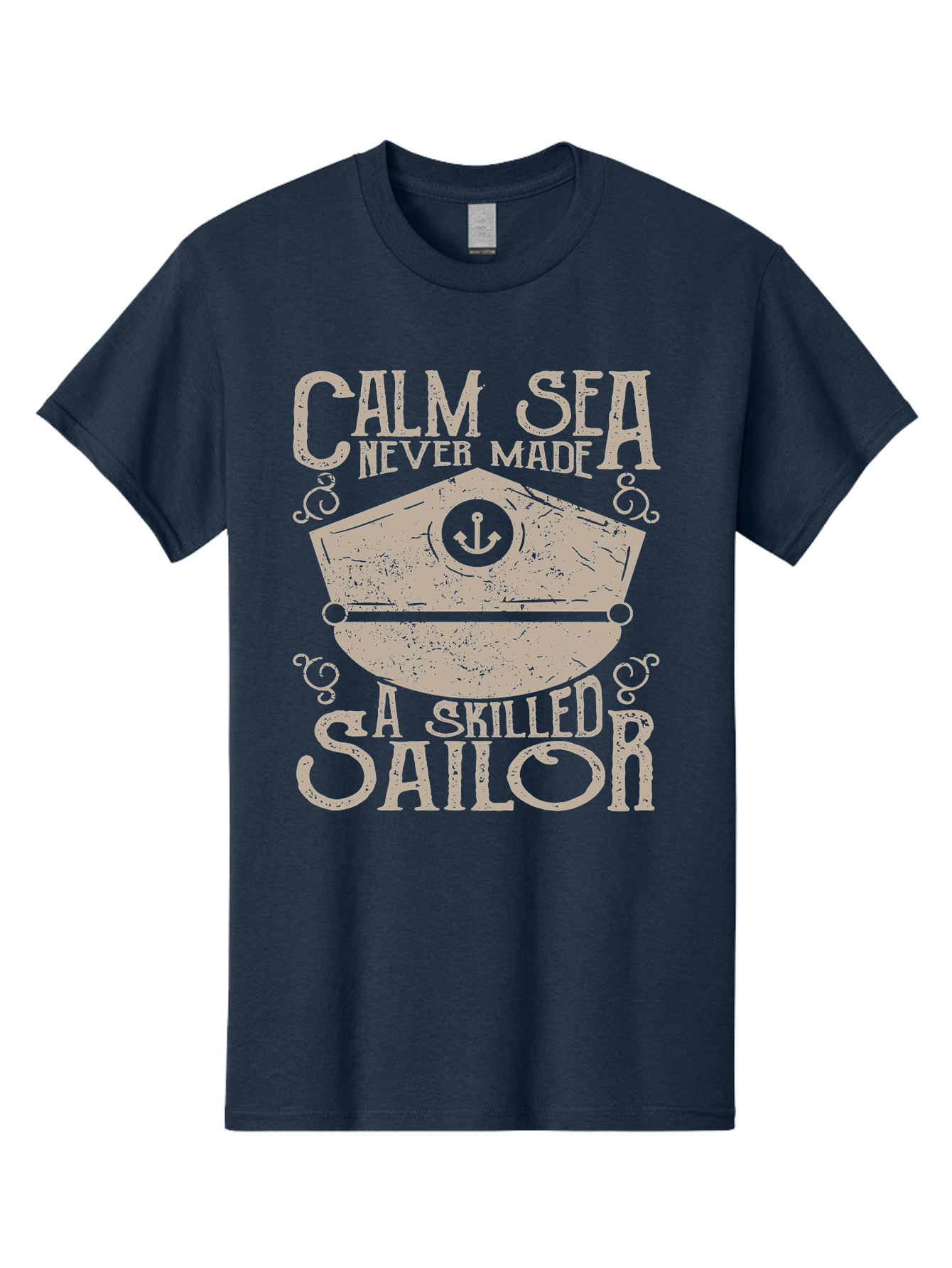 Calm Sea -Men Men'S Graphic Tee, 100% Cotton, Comfortable Casual Summer Wear, Machine Washable, Sailor Quote, Nautical Theme, Motivational Phrase, Captain Hat, Anchor Symbol, Sailing Inspiration, Distressed Design, Typography Art Aae167