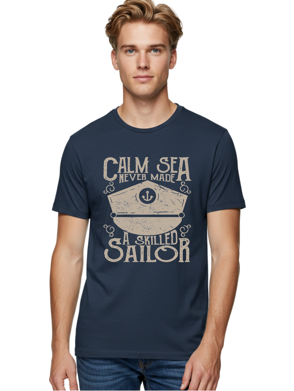 Calm Sea -Men Men'S Graphic Tee, 100% Cotton, Comfortable Casual Summer Wear, Machine Washable, Sailor Quote, Nautical Theme, Motivational Phrase, Captain Hat, Anchor Symbol, Sailing Inspiration, Distressed Design, Typography Art Aae167