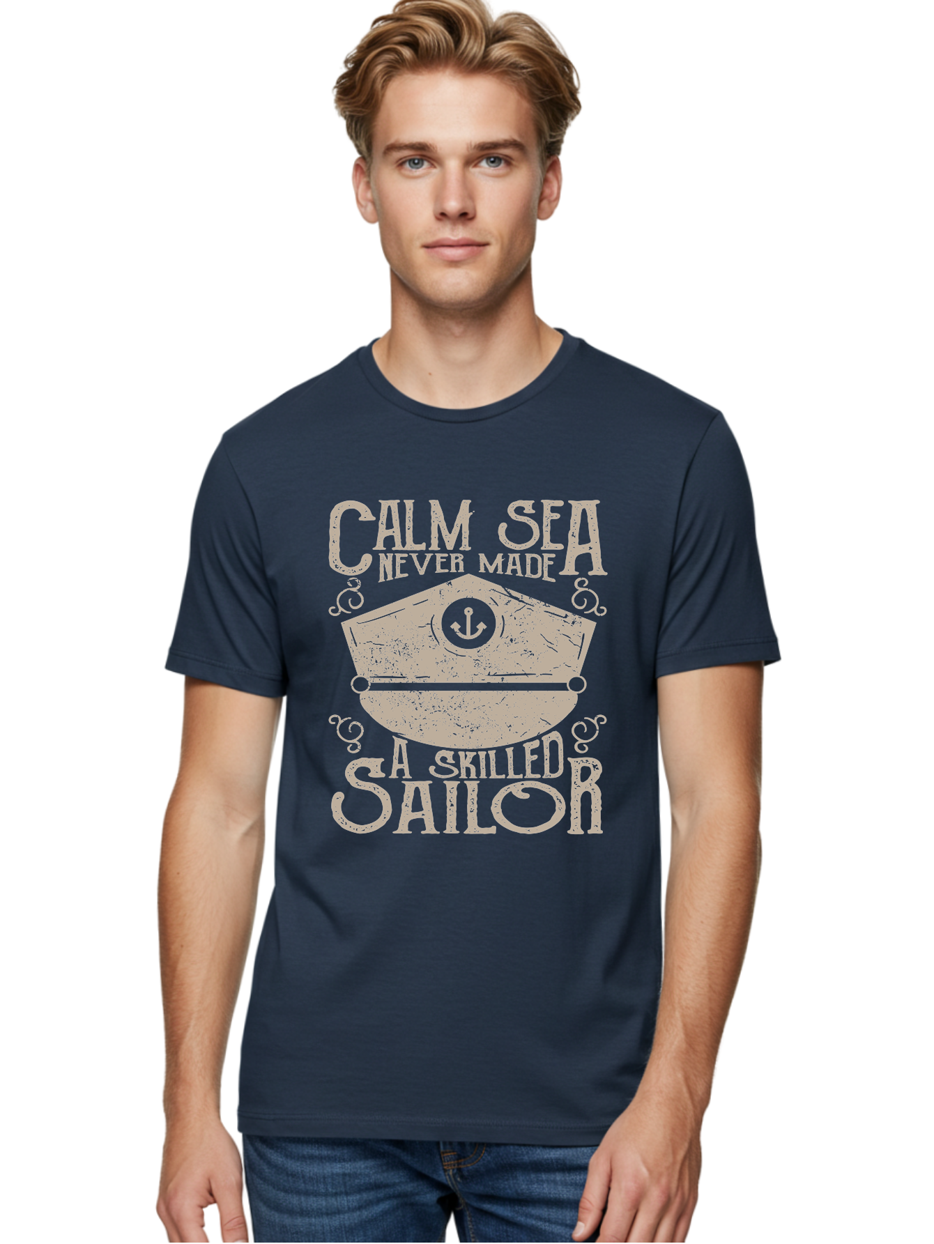 Calm Sea -Men Men'S Graphic Tee, 100% Cotton, Comfortable Casual Summer Wear, Machine Washable, Sailor Quote, Nautical Theme, Motivational Phrase, Captain Hat, Anchor Symbol, Sailing Inspiration, Distressed Design, Typography Art Aae167