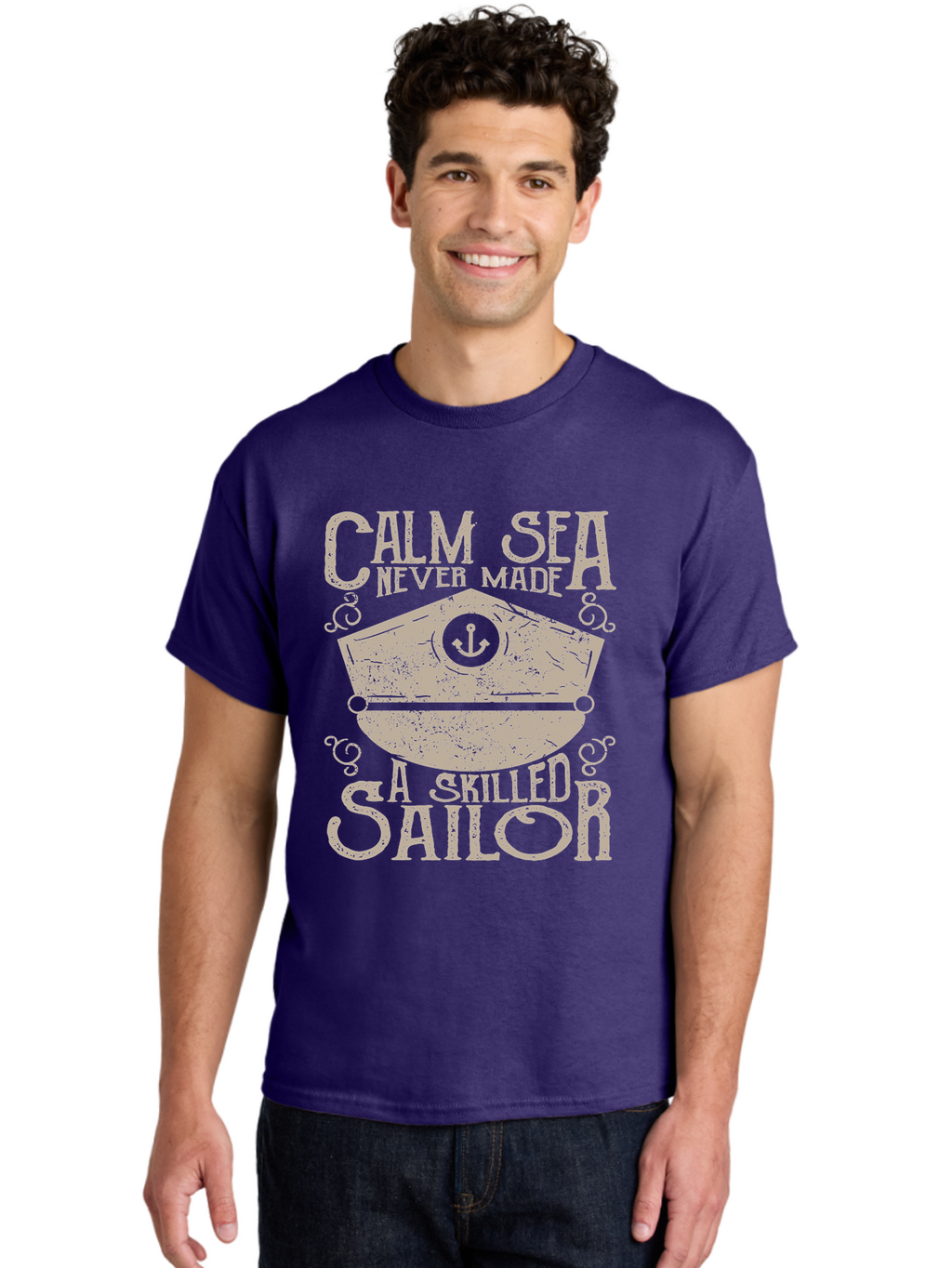 Calm Sea -Men Men'S Graphic Tee, 100% Cotton, Comfortable Casual Summer Wear, Machine Washable, Sailor Quote, Nautical Theme, Motivational Phrase, Captain Hat, Anchor Symbol, Sailing Inspiration, Distressed Design, Typography Art Aae167