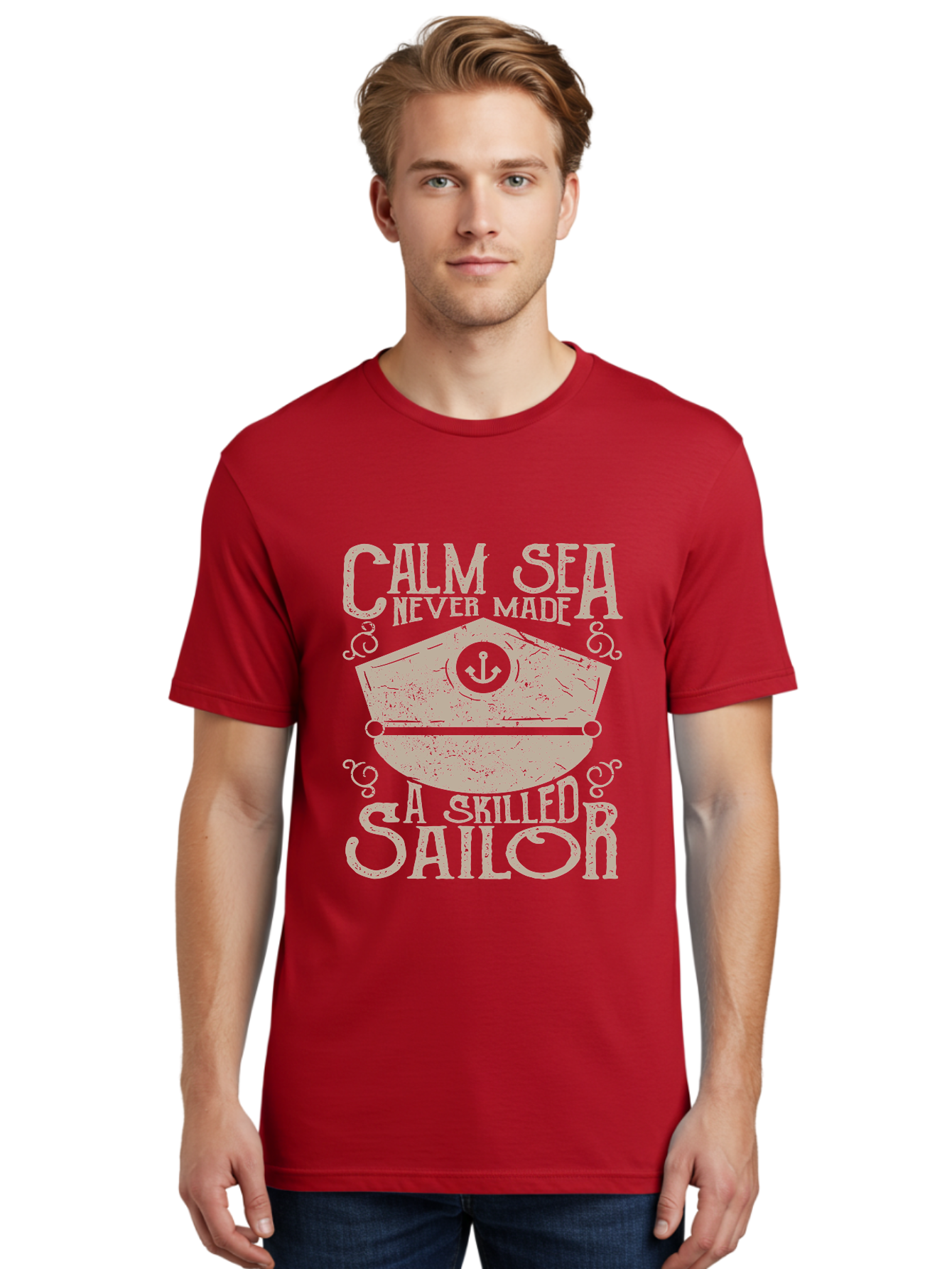 Calm Sea -Men Men'S Graphic Tee, 100% Cotton, Comfortable Casual Summer Wear, Machine Washable, Sailor Quote, Nautical Theme, Motivational Phrase, Captain Hat, Anchor Symbol, Sailing Inspiration, Distressed Design, Typography Art Aae167