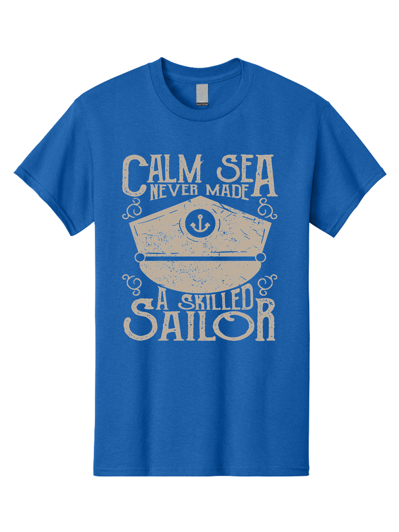 Calm Sea -Men Men'S Graphic Tee, 100% Cotton, Comfortable Casual Summer Wear, Machine Washable, Sailor Quote, Nautical Theme, Motivational Phrase, Captain Hat, Anchor Symbol, Sailing Inspiration, Distressed Design, Typography Art Aae167
