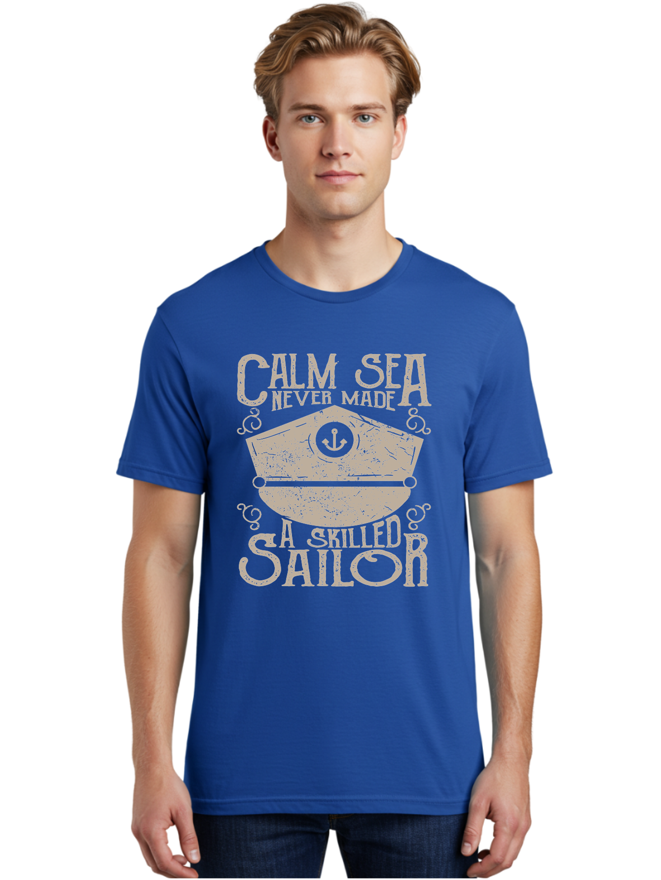 Calm Sea -Men Men'S Graphic Tee, 100% Cotton, Comfortable Casual Summer Wear, Machine Washable, Sailor Quote, Nautical Theme, Motivational Phrase, Captain Hat, Anchor Symbol, Sailing Inspiration, Distressed Design, Typography Art Aae167