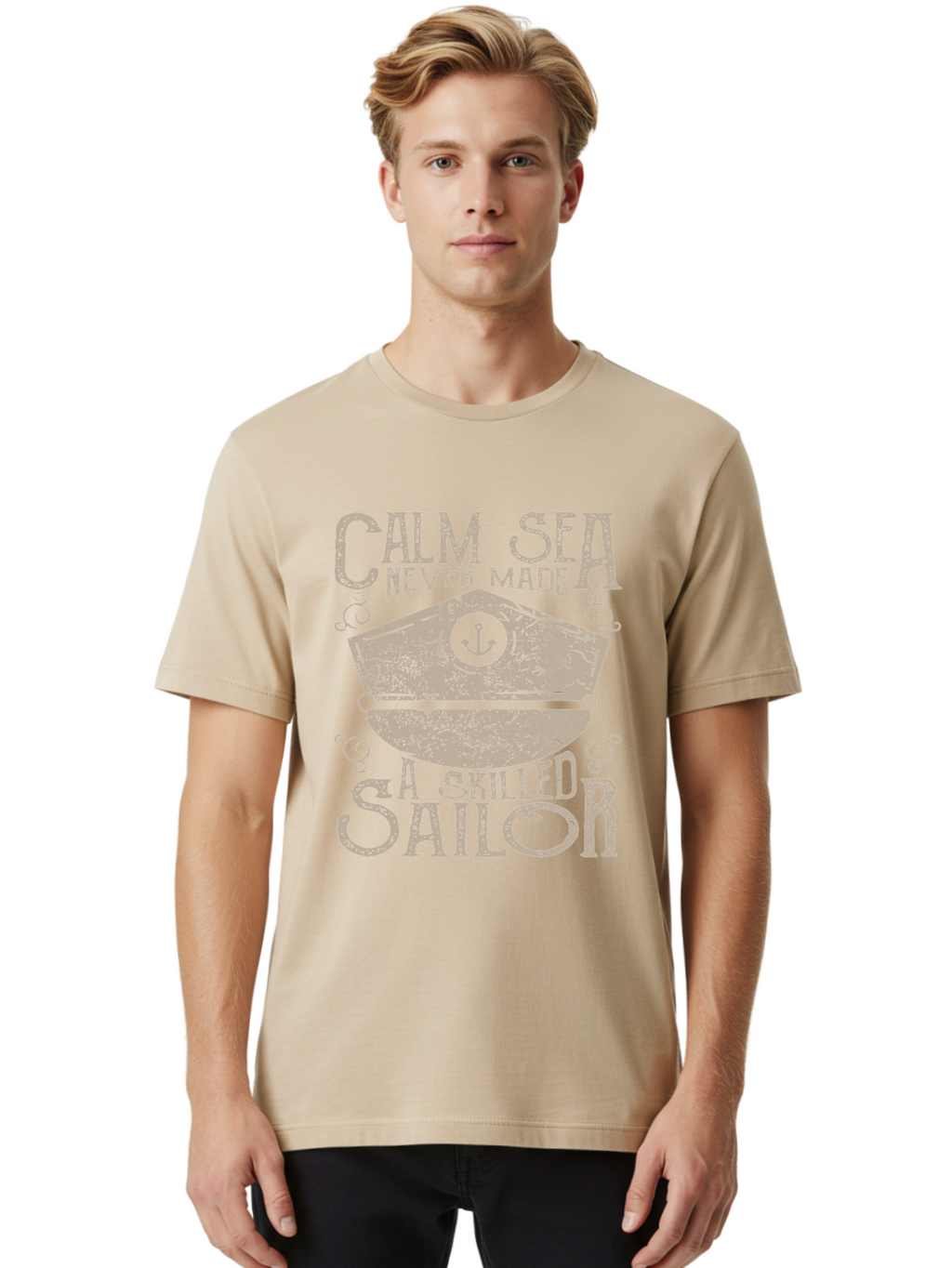 Calm Sea -Men Men'S Graphic Tee, 100% Cotton, Comfortable Casual Summer Wear, Machine Washable, Sailor Quote, Nautical Theme, Motivational Phrase, Captain Hat, Anchor Symbol, Sailing Inspiration, Distressed Design, Typography Art Aae167