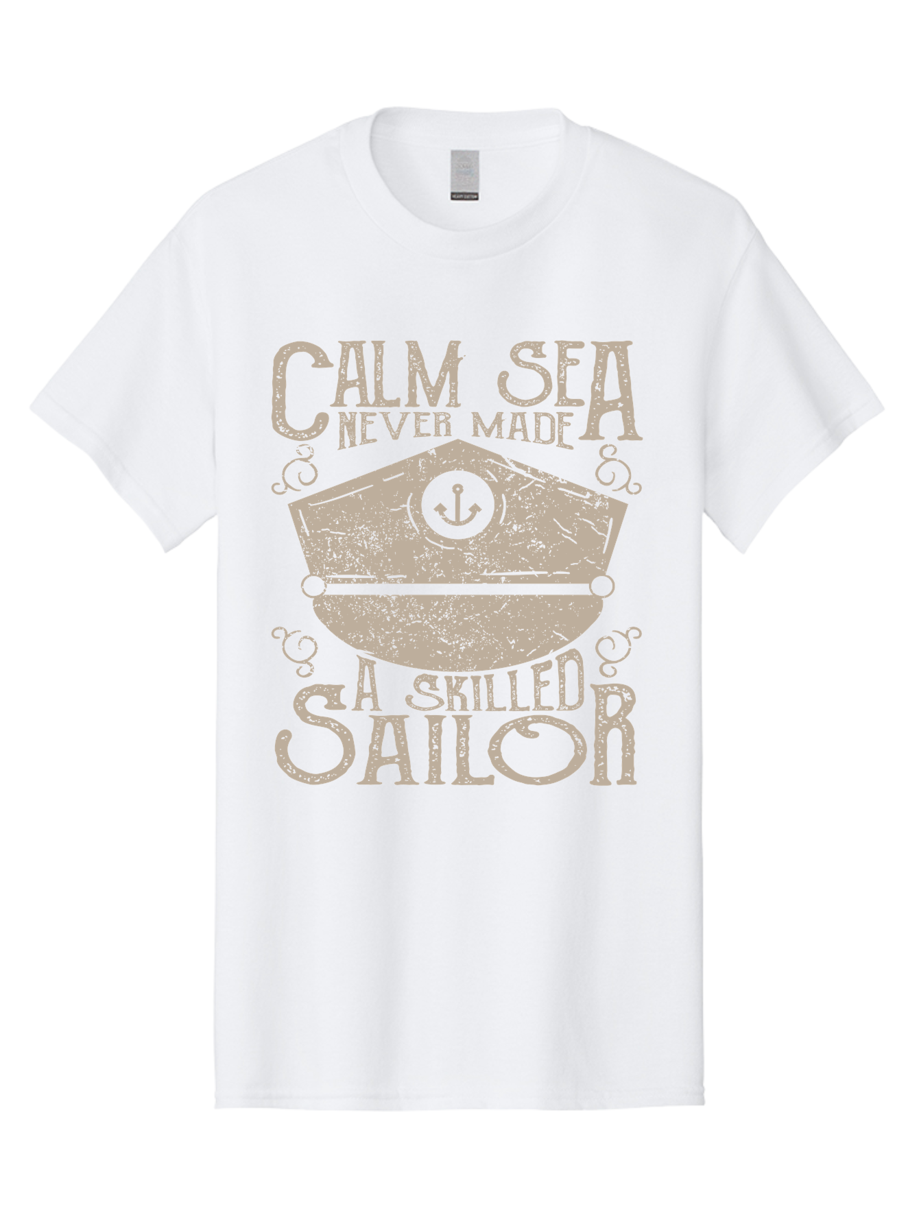 Calm Sea -Men Men'S Graphic Tee, 100% Cotton, Comfortable Casual Summer Wear, Machine Washable, Sailor Quote, Nautical Theme, Motivational Phrase, Captain Hat, Anchor Symbol, Sailing Inspiration, Distressed Design, Typography Art Aae167