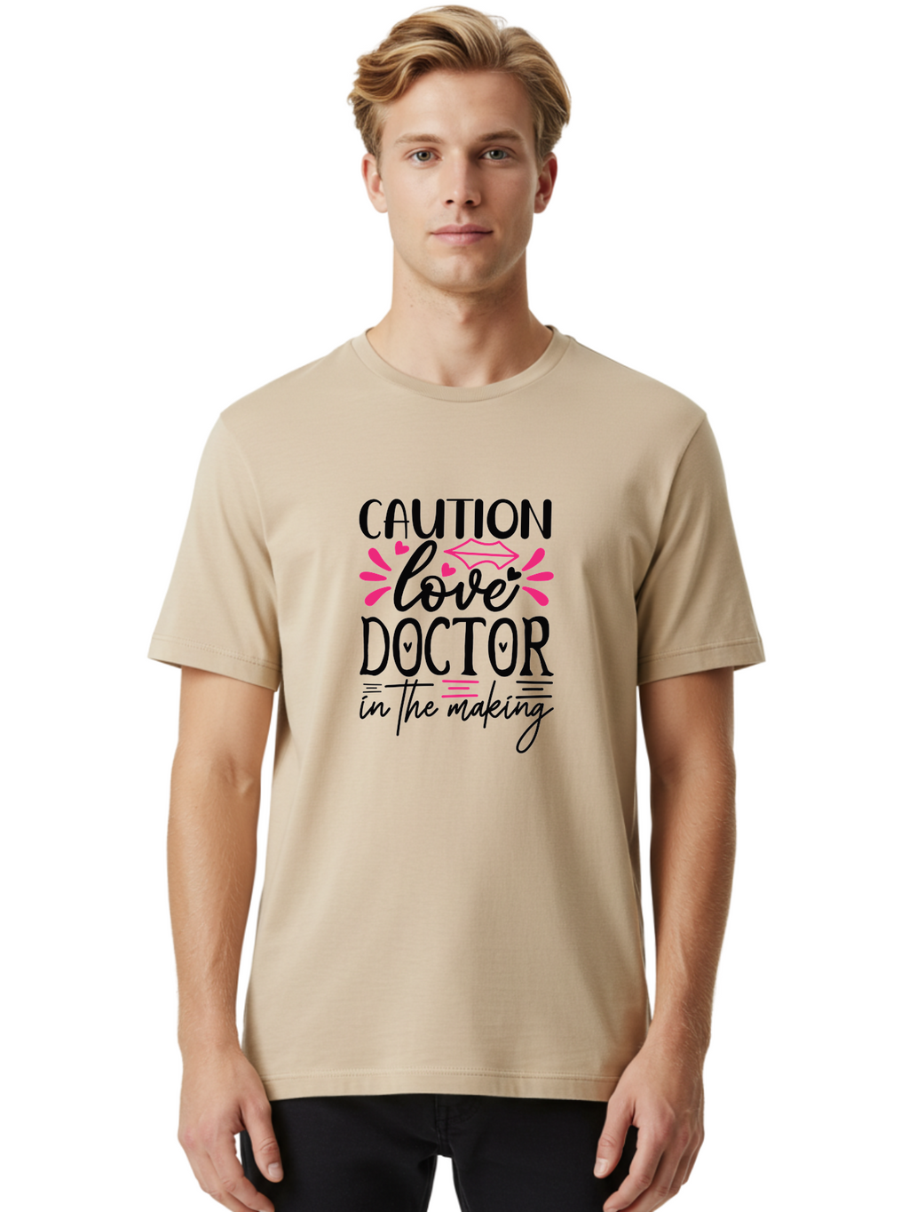 Caution Love Doctor In The Making Men'S Graphic Tee, 100% Cotton, Comfortable Casual Summer Wear, Machine Washable, Funny Quote, Cute Design, Medical Humor, Doctor In Training, Love Doctor, Funny Medical Quote, Quirky Medical Humor, Aae171