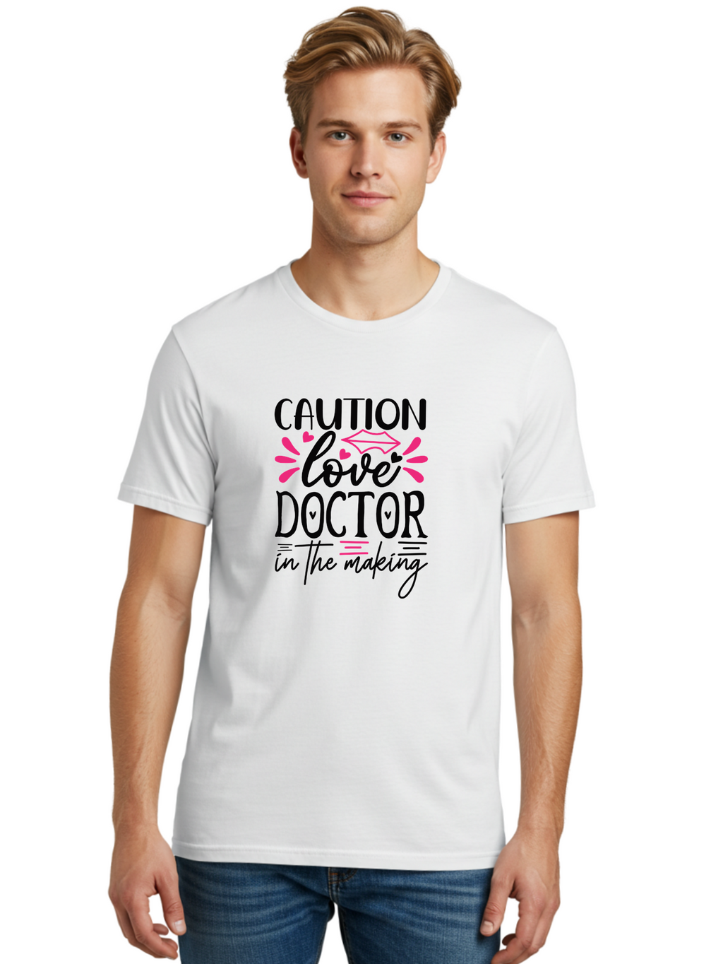 Caution Love Doctor In The Making Men'S Graphic Tee, 100% Cotton, Comfortable Casual Summer Wear, Machine Washable, Funny Quote, Cute Design, Medical Humor, Doctor In Training, Love Doctor, Funny Medical Quote, Quirky Medical Humor, Aae171