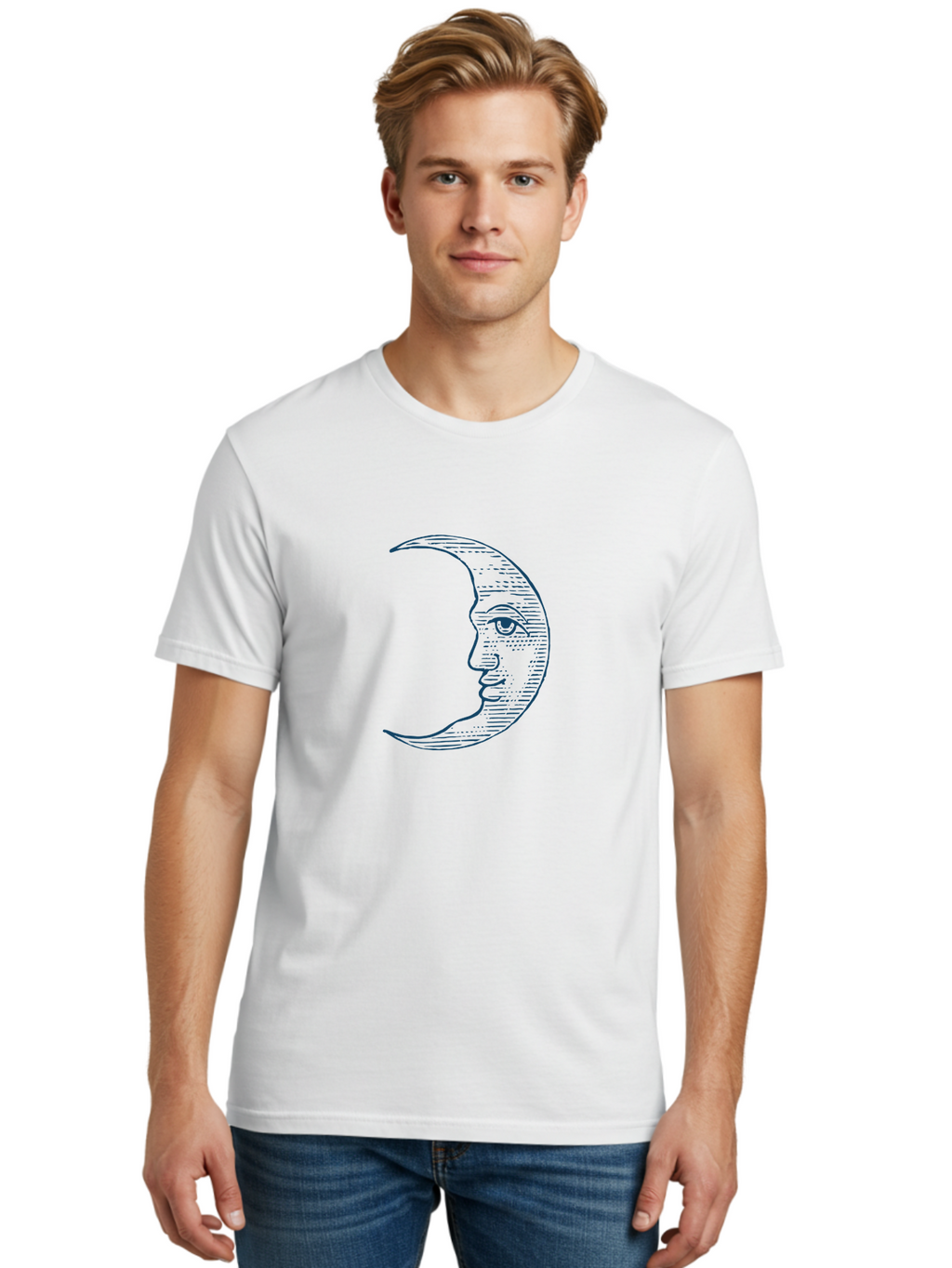 Celestial Moon Face Men'S Graphic Tee, 100% Cotton, Comfortable Casual Summer Wear, Machine Washable, Crescent Moon Face, Lunar Illustration, Moon With Human Face, Celestial Artwork, Mystical Symbol, Moon Phase, Astrology, Esoteric Art Aae172