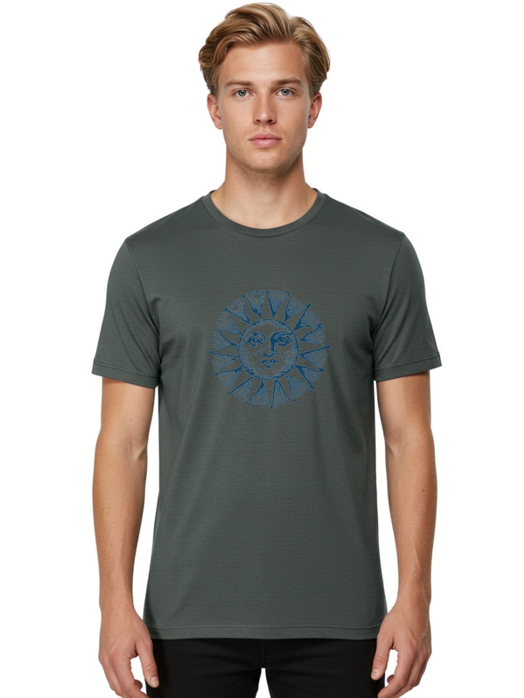 Celestial Sun Face Men'S Graphic Tee, 100% Cotton, Comfortable Casual Summer Wear, Machine Washable, Vintage Sun Illustration, Celestial Body, Retro Style, Mystic Symbol, Face In The Sun, Abstract Art, Symbolism, Mystical Themes, Aae174