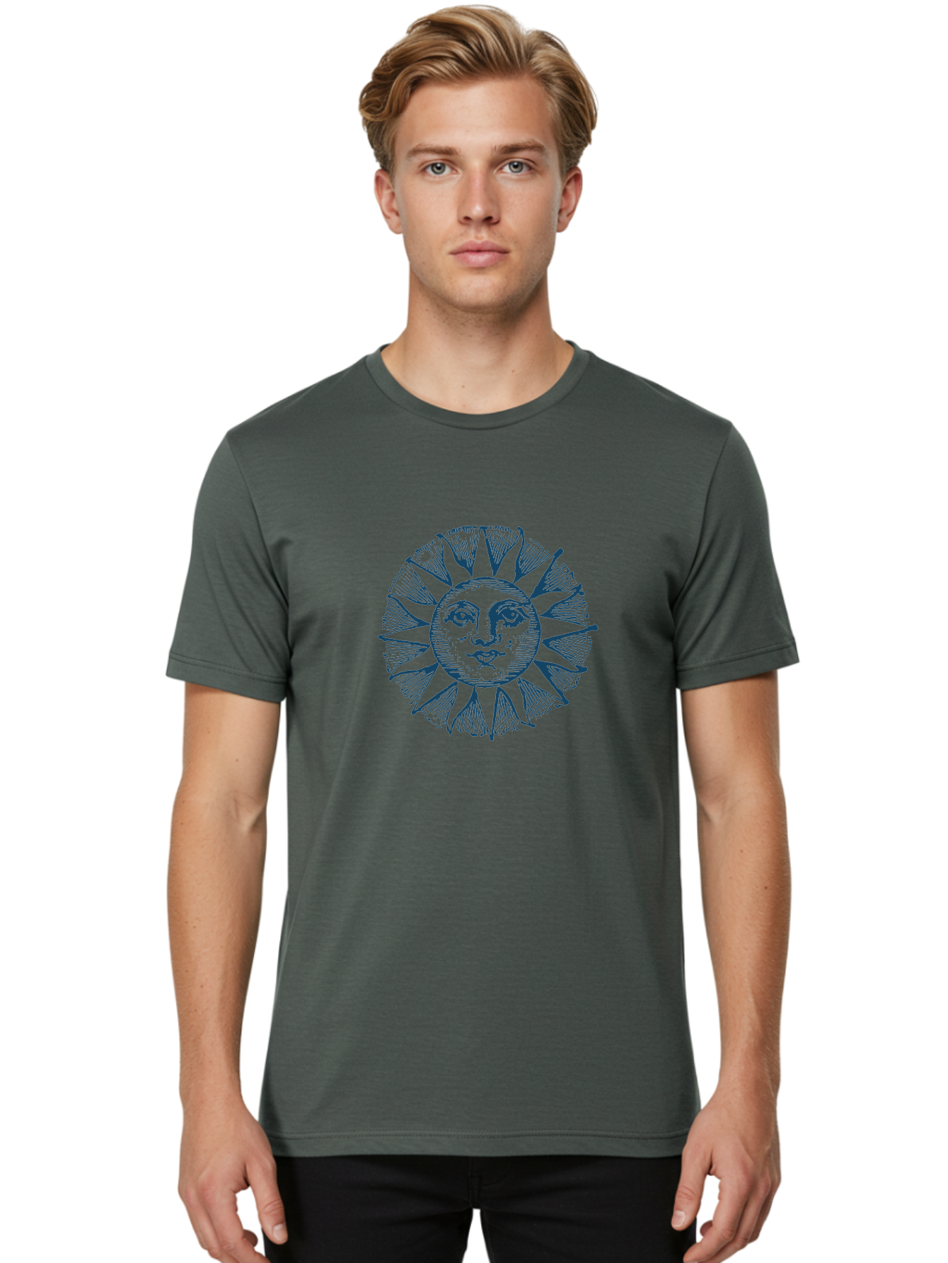 Celestial Sun Face Men'S Graphic Tee, 100% Cotton, Comfortable Casual Summer Wear, Machine Washable, Vintage Sun Illustration, Celestial Body, Retro Style, Mystic Symbol, Face In The Sun, Abstract Art, Symbolism, Mystical Themes, Aae174