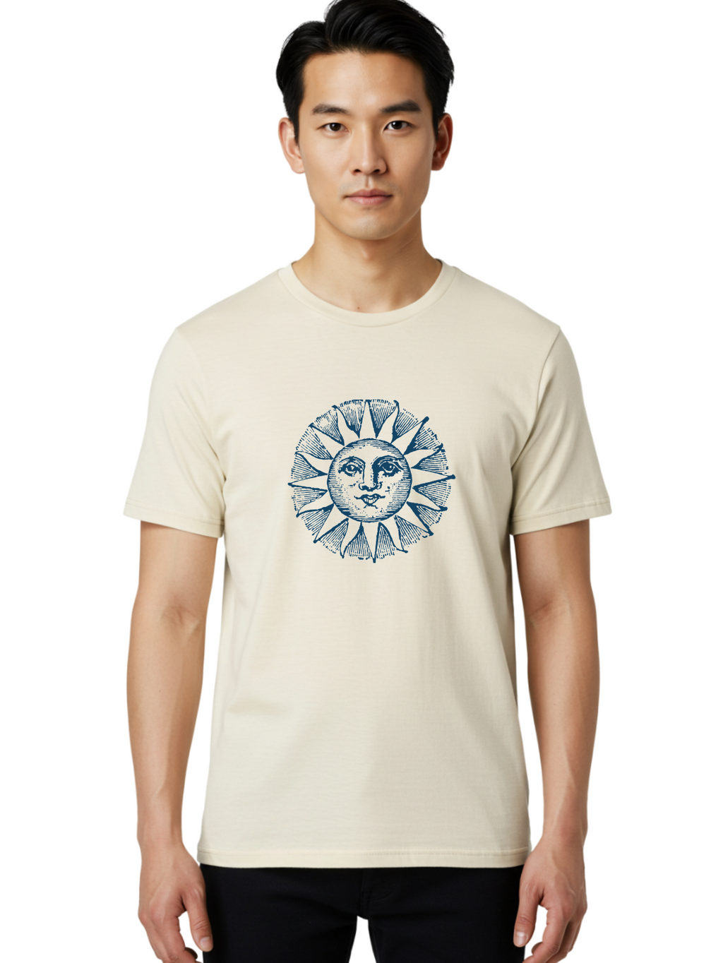 Celestial Sun Face Men'S Graphic Tee, 100% Cotton, Comfortable Casual Summer Wear, Machine Washable, Vintage Sun Illustration, Celestial Body, Retro Style, Mystic Symbol, Face In The Sun, Abstract Art, Symbolism, Mystical Themes, Aae174