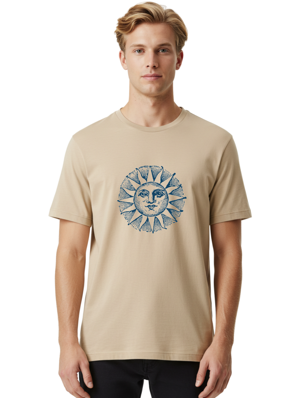 Celestial Sun Face Men'S Graphic Tee, 100% Cotton, Comfortable Casual Summer Wear, Machine Washable, Vintage Sun Illustration, Celestial Body, Retro Style, Mystic Symbol, Face In The Sun, Abstract Art, Symbolism, Mystical Themes, Aae174