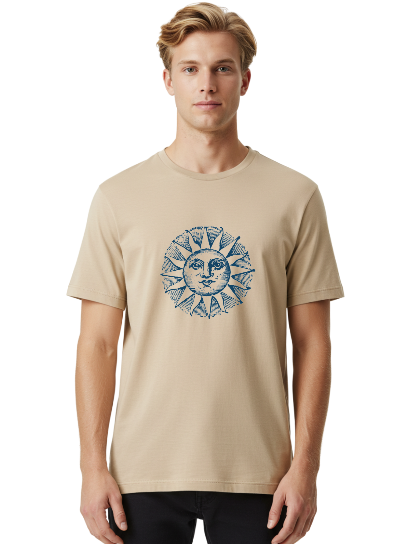 Celestial Sun Face Men'S Graphic Tee, 100% Cotton, Comfortable Casual Summer Wear, Machine Washable, Vintage Sun Illustration, Celestial Body, Retro Style, Mystic Symbol, Face In The Sun, Abstract Art, Symbolism, Mystical Themes, Aae174