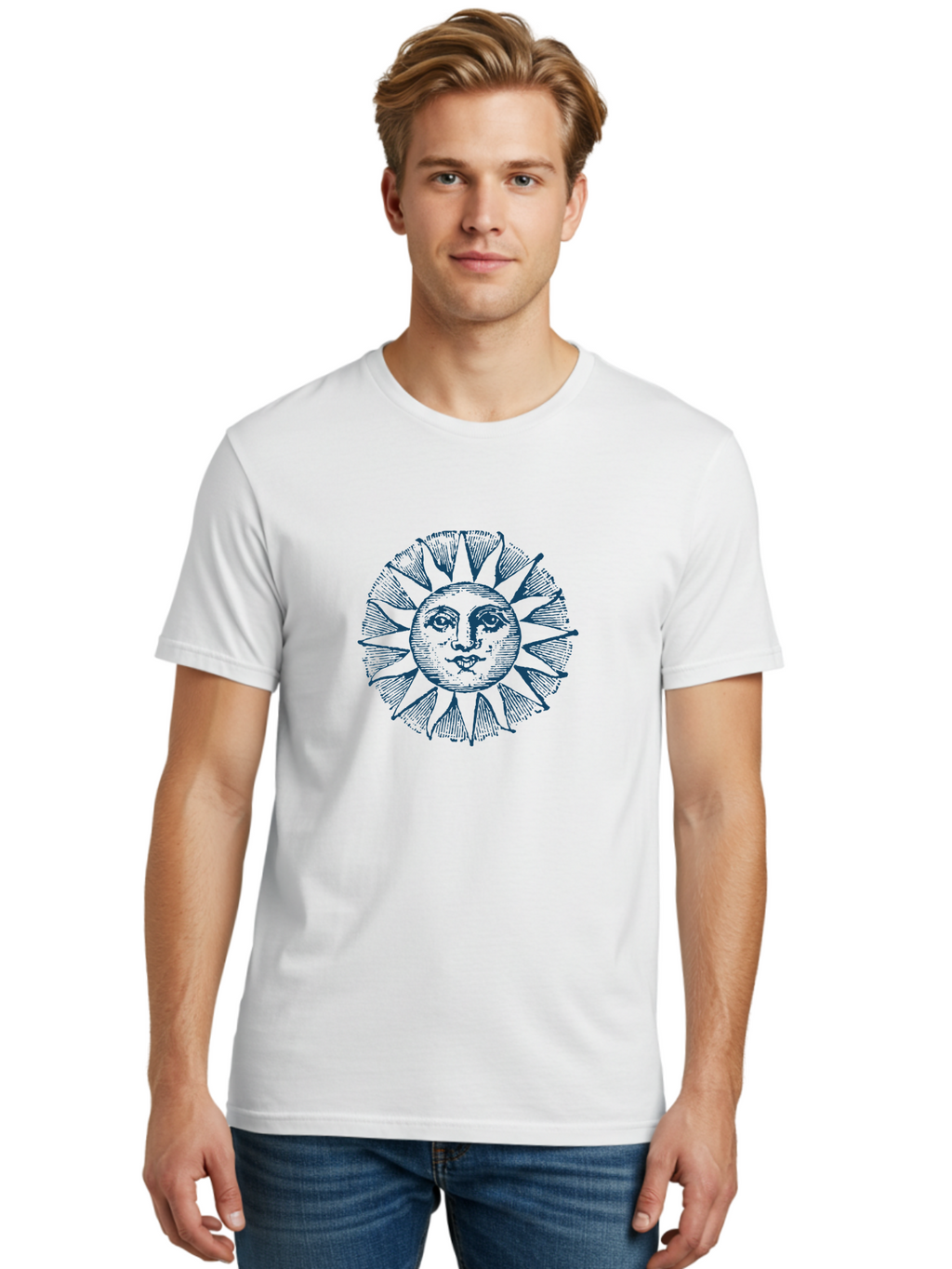 Celestial Sun Face Men'S Graphic Tee, 100% Cotton, Comfortable Casual Summer Wear, Machine Washable, Vintage Sun Illustration, Celestial Body, Retro Style, Mystic Symbol, Face In The Sun, Abstract Art, Symbolism, Mystical Themes, Aae174