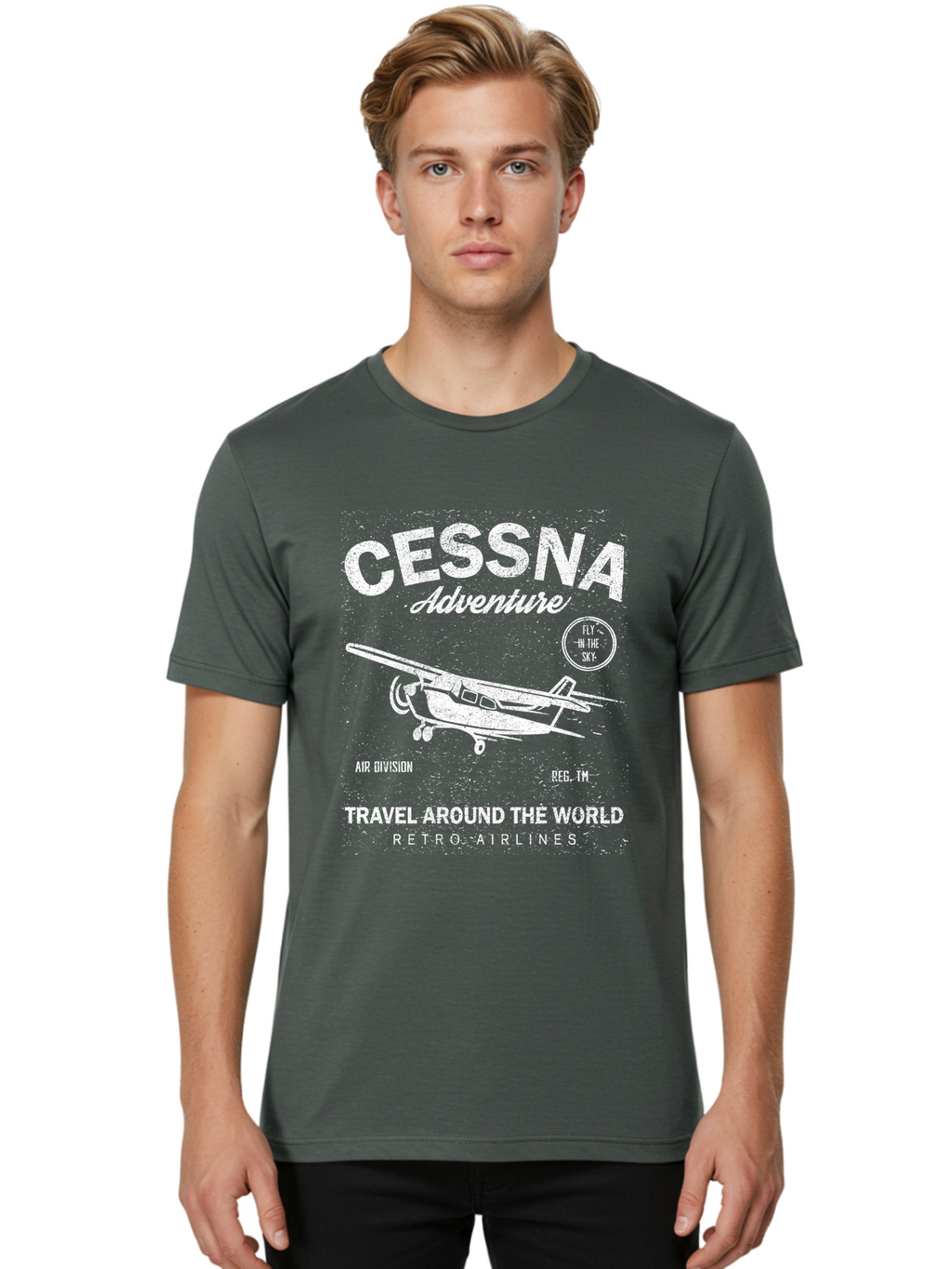 Cessna Distressed -Men Men'S Graphic Tee, 100% Cotton, Comfortable Casual Summer Wear, Machine Washable, Cessna Airplane, Adventure Travel, Retro Airlines, Fly In The Sky, Air Division, Travel Around The World, Vintage Aviation Aae175