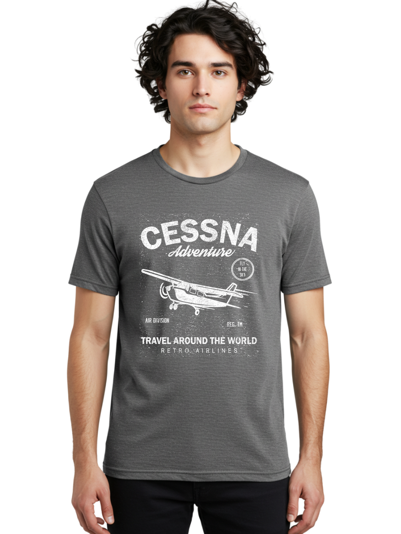 Cessna Distressed -Men Men'S Graphic Tee, 100% Cotton, Comfortable Casual Summer Wear, Machine Washable, Cessna Airplane, Adventure Travel, Retro Airlines, Fly In The Sky, Air Division, Travel Around The World, Vintage Aviation Aae175