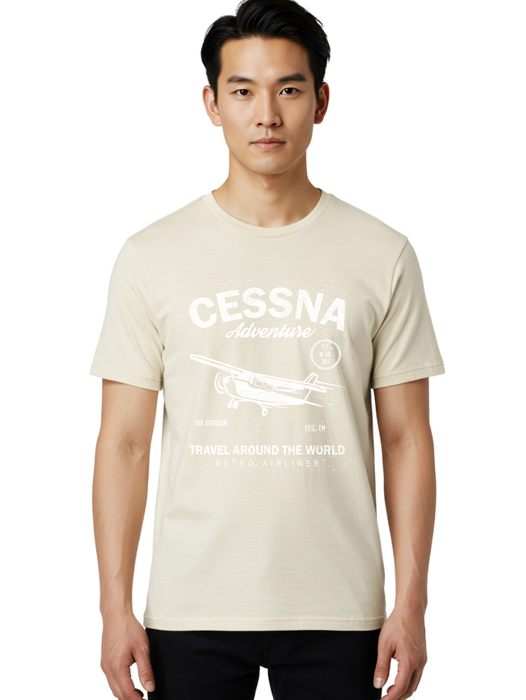 Cessna Distressed -Men Men'S Graphic Tee, 100% Cotton, Comfortable Casual Summer Wear, Machine Washable, Cessna Airplane, Adventure Travel, Retro Airlines, Fly In The Sky, Air Division, Travel Around The World, Vintage Aviation Aae175