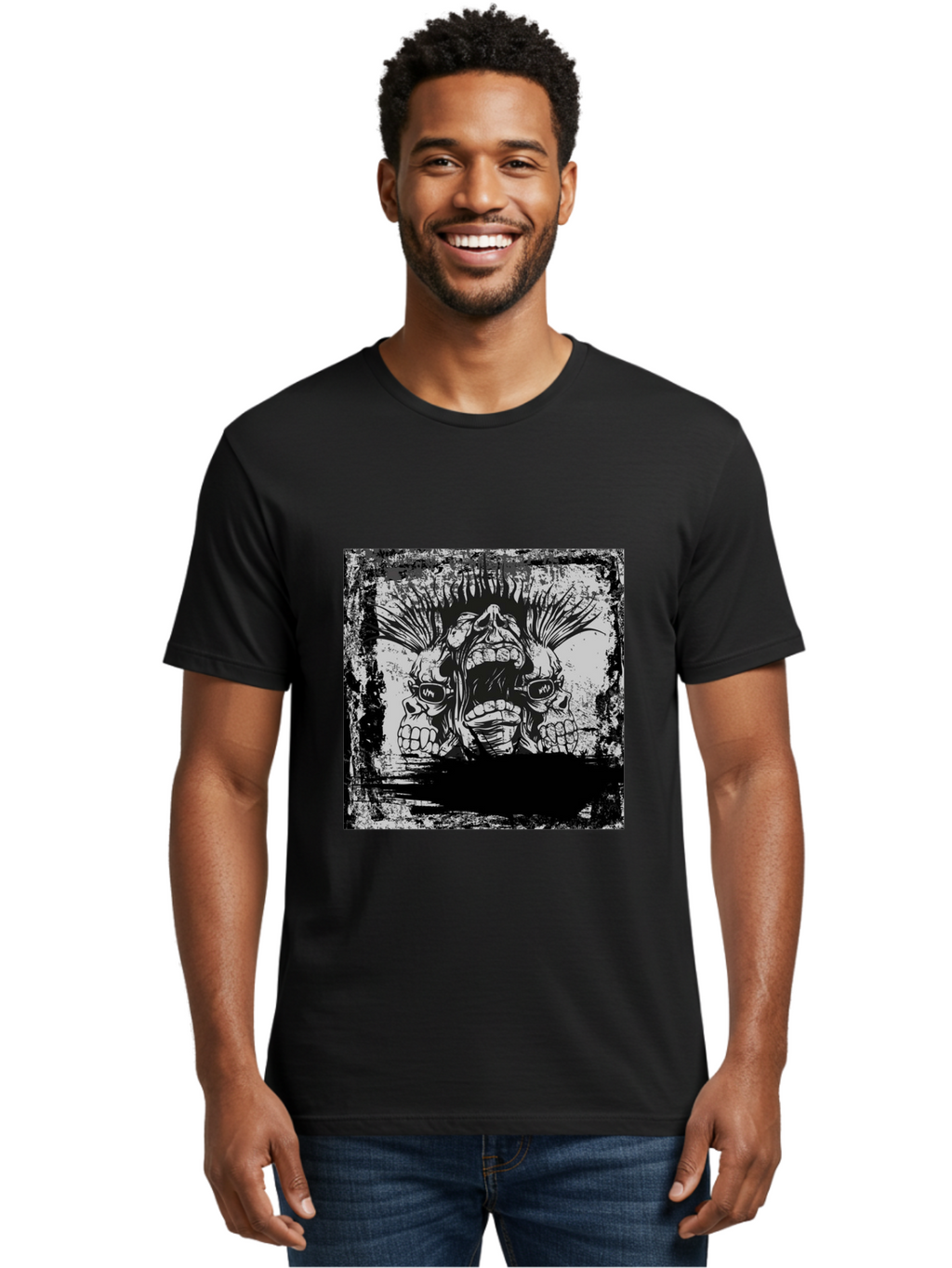 Chaos Triplet Men'S Graphic Tee, 100% Cotton, Comfortable Casual Summer Wear, Machine Washable, Punk Rock Art, Grunge Aesthetic, Triple Skull Head, Mohawk Hairstyle, Aggressive Vibe, Skull Art, Black And White Illustration, Punk Culture, Aae177