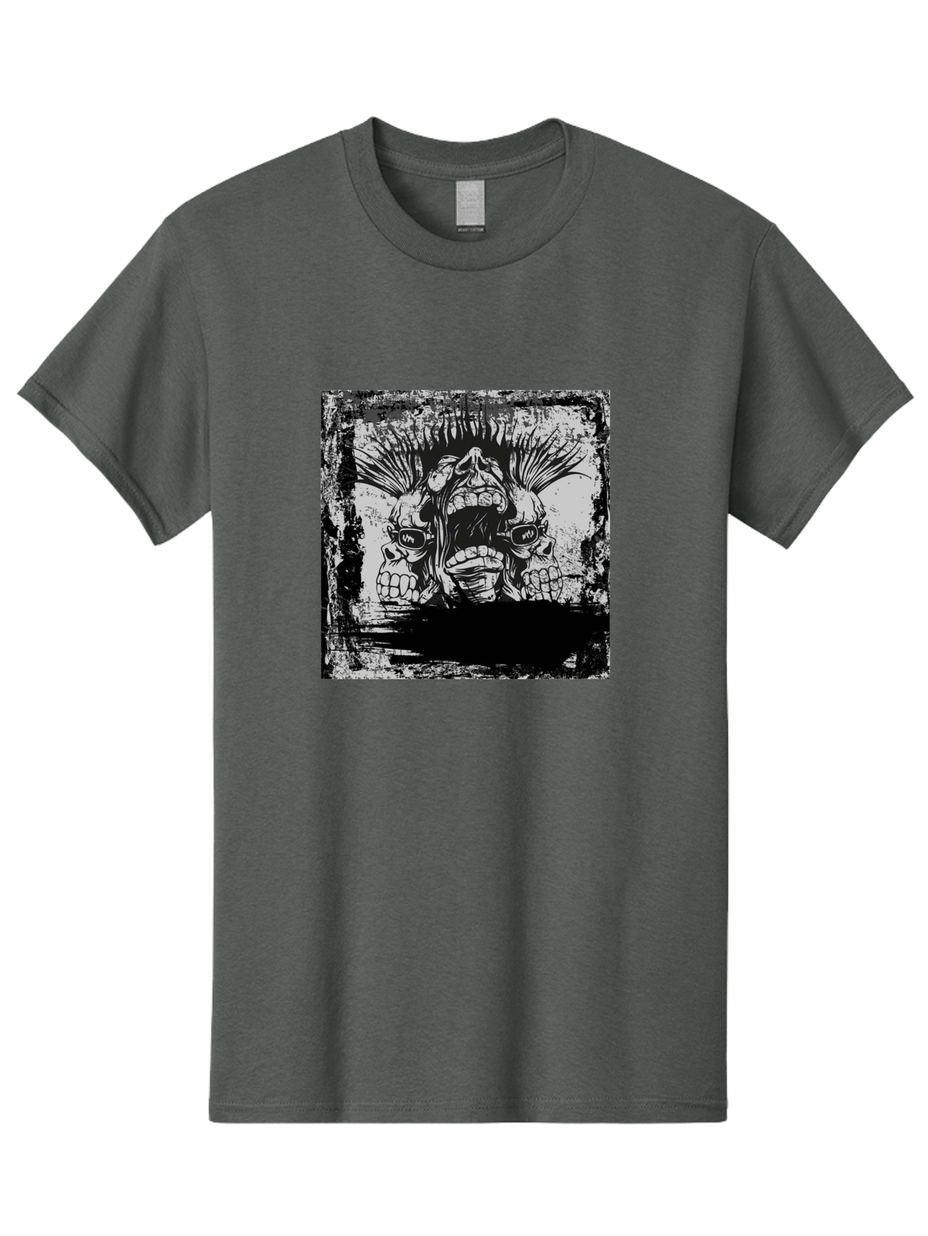 Chaos Triplet Men'S Graphic Tee, 100% Cotton, Comfortable Casual Summer Wear, Machine Washable, Punk Rock Art, Grunge Aesthetic, Triple Skull Head, Mohawk Hairstyle, Aggressive Vibe, Skull Art, Black And White Illustration, Punk Culture, Aae177