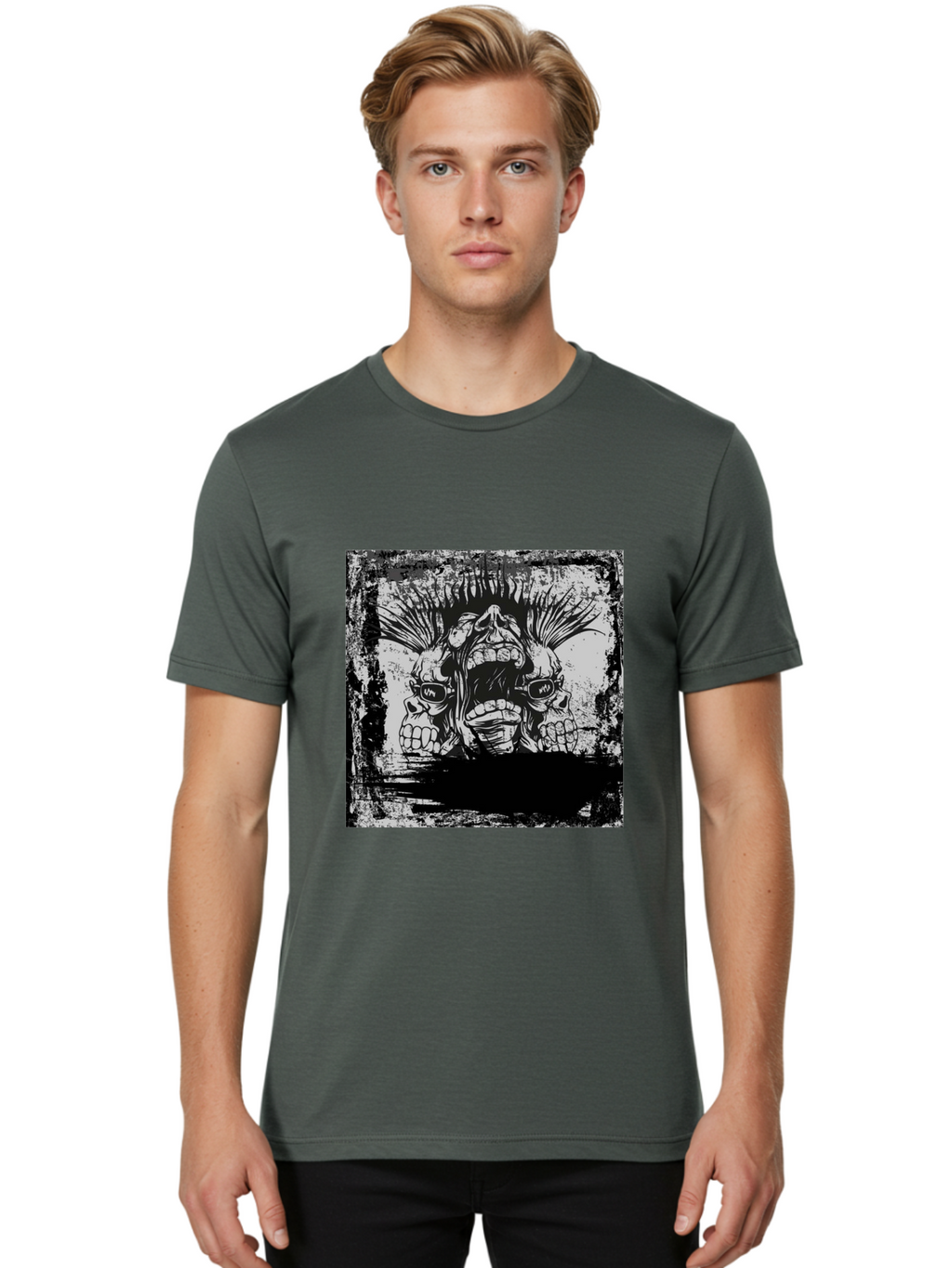 Chaos Triplet Men'S Graphic Tee, 100% Cotton, Comfortable Casual Summer Wear, Machine Washable, Punk Rock Art, Grunge Aesthetic, Triple Skull Head, Mohawk Hairstyle, Aggressive Vibe, Skull Art, Black And White Illustration, Punk Culture, Aae177