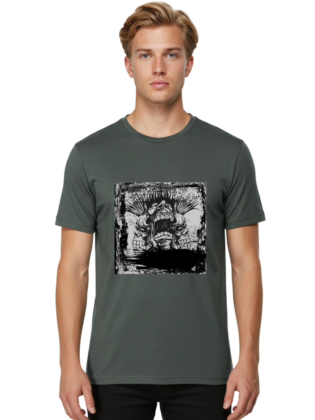 Chaos Triplet Men'S Graphic Tee, 100% Cotton, Comfortable Casual Summer Wear, Machine Washable, Punk Rock Art, Grunge Aesthetic, Triple Skull Head, Mohawk Hairstyle, Aggressive Vibe, Skull Art, Black And White Illustration, Punk Culture, Aae177