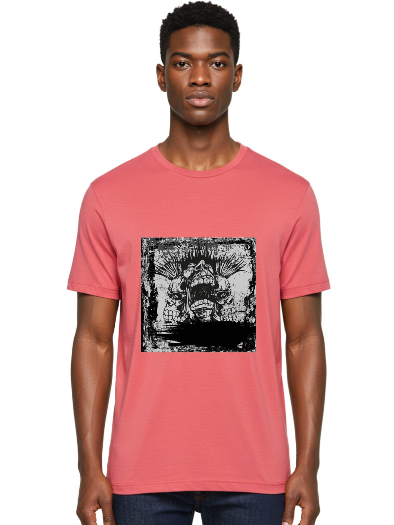 Chaos Triplet Men'S Graphic Tee, 100% Cotton, Comfortable Casual Summer Wear, Machine Washable, Punk Rock Art, Grunge Aesthetic, Triple Skull Head, Mohawk Hairstyle, Aggressive Vibe, Skull Art, Black And White Illustration, Punk Culture, Aae177