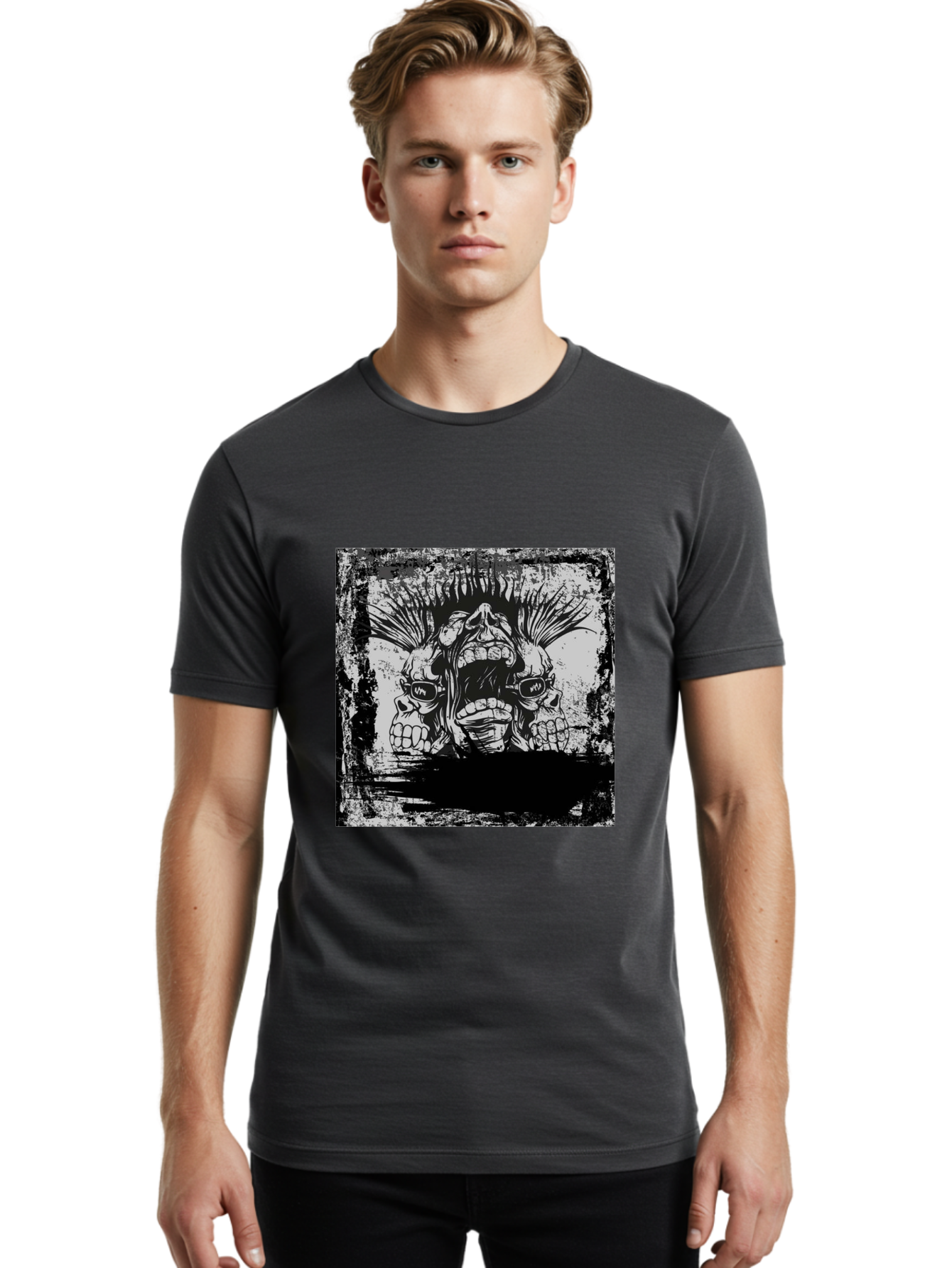 Chaos Triplet Men'S Graphic Tee, 100% Cotton, Comfortable Casual Summer Wear, Machine Washable, Punk Rock Art, Grunge Aesthetic, Triple Skull Head, Mohawk Hairstyle, Aggressive Vibe, Skull Art, Black And White Illustration, Punk Culture, Aae177