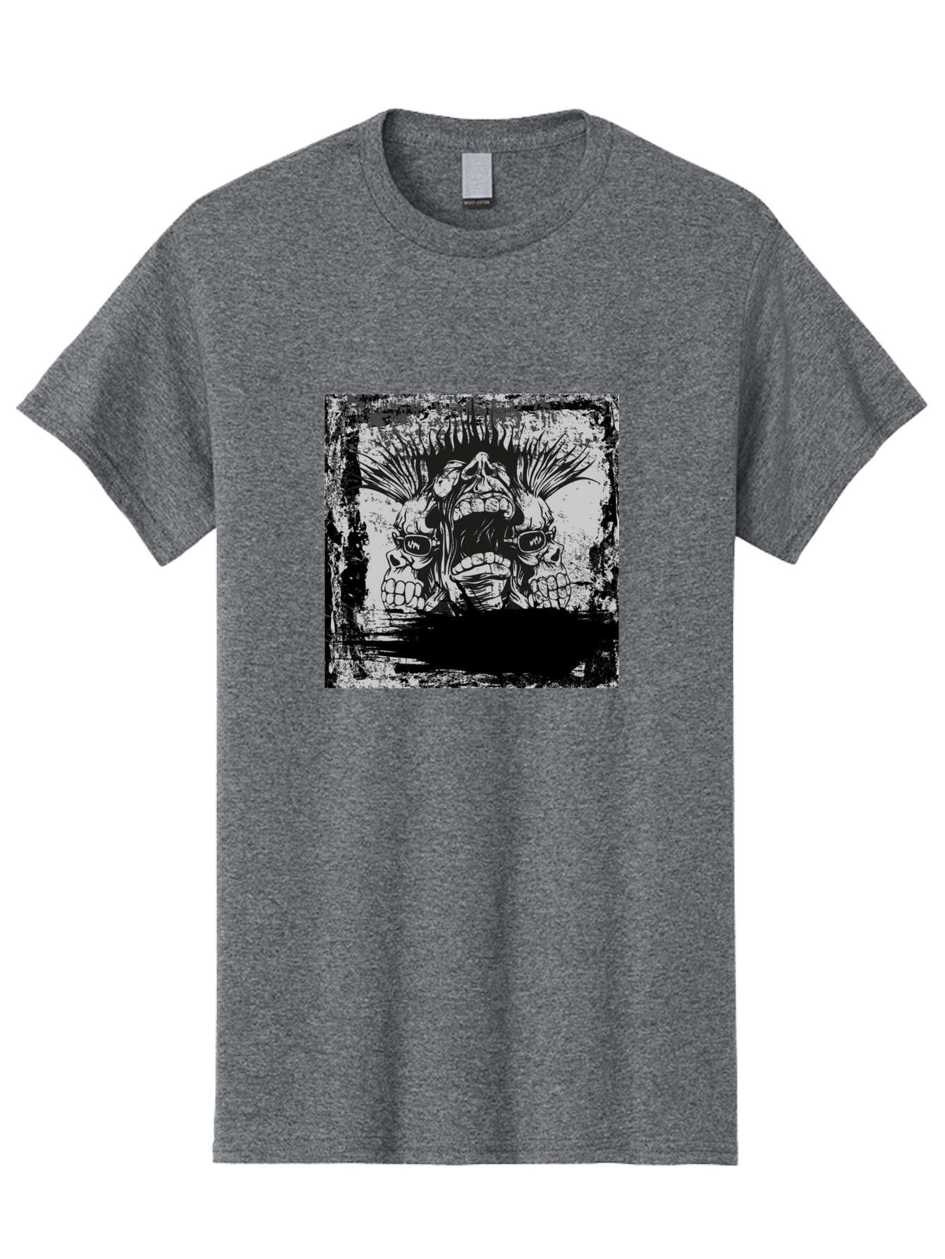 Chaos Triplet Men'S Graphic Tee, 100% Cotton, Comfortable Casual Summer Wear, Machine Washable, Punk Rock Art, Grunge Aesthetic, Triple Skull Head, Mohawk Hairstyle, Aggressive Vibe, Skull Art, Black And White Illustration, Punk Culture, Aae177