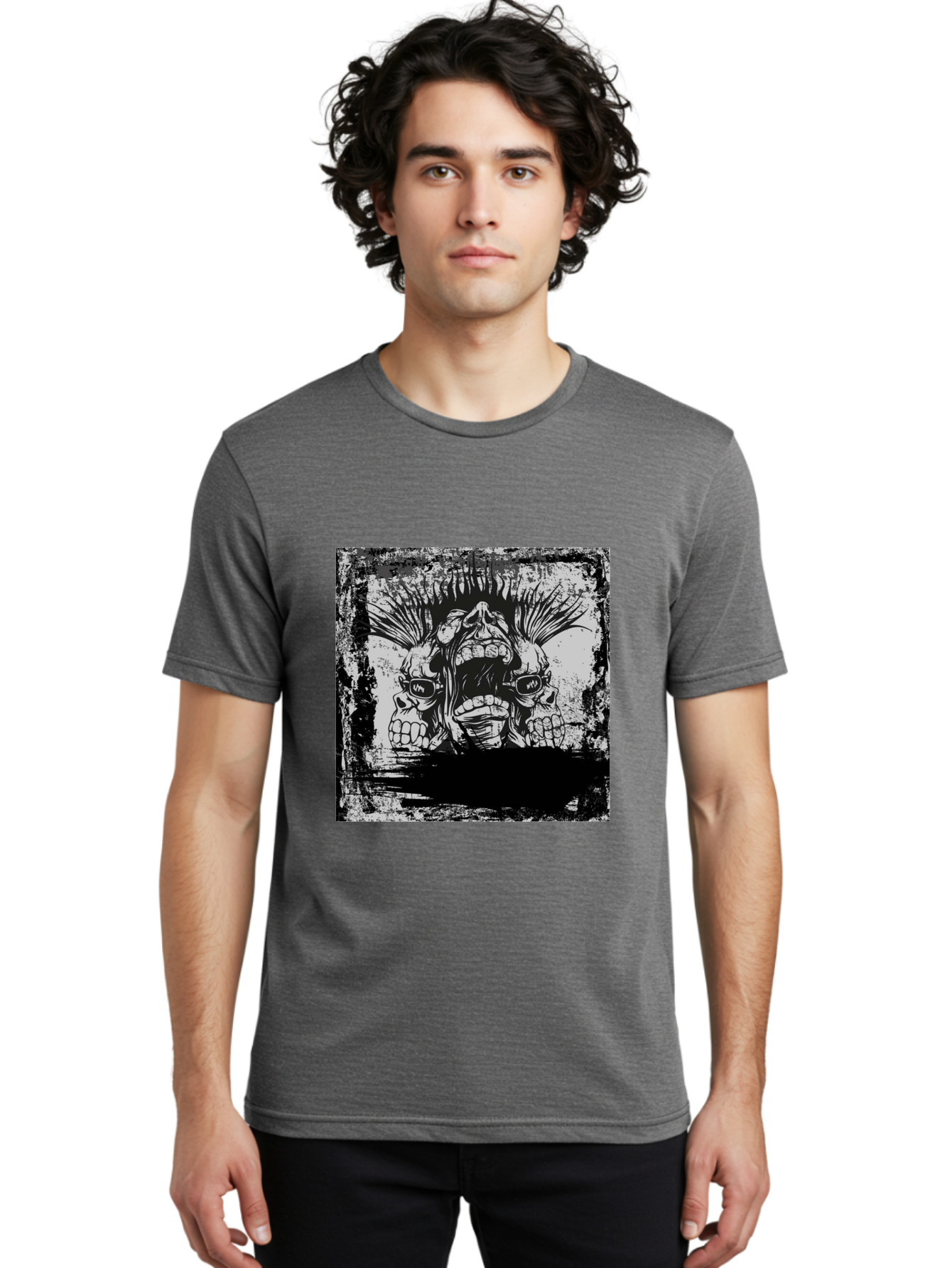 Chaos Triplet Men'S Graphic Tee, 100% Cotton, Comfortable Casual Summer Wear, Machine Washable, Punk Rock Art, Grunge Aesthetic, Triple Skull Head, Mohawk Hairstyle, Aggressive Vibe, Skull Art, Black And White Illustration, Punk Culture, Aae177
