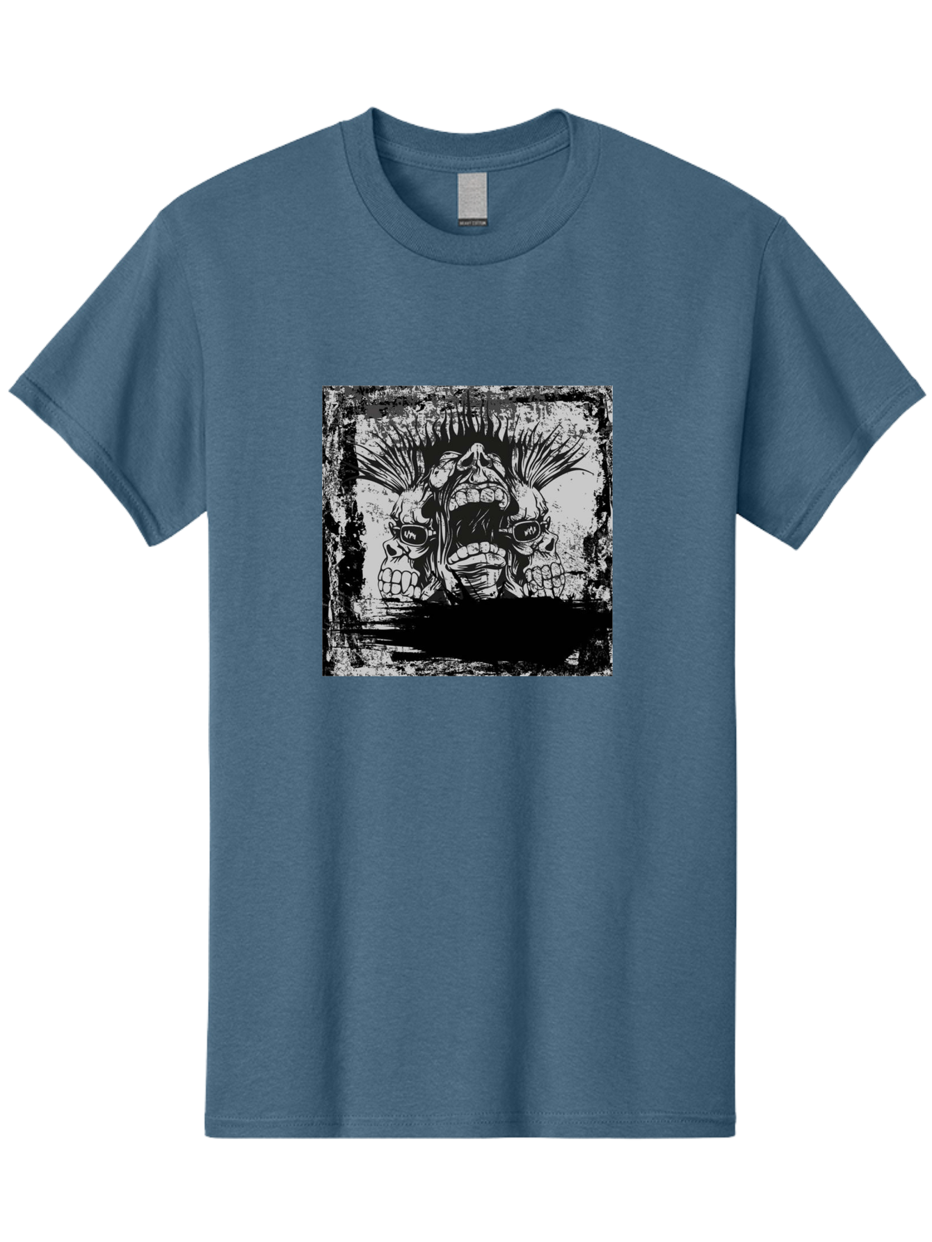 Chaos Triplet Men'S Graphic Tee, 100% Cotton, Comfortable Casual Summer Wear, Machine Washable, Punk Rock Art, Grunge Aesthetic, Triple Skull Head, Mohawk Hairstyle, Aggressive Vibe, Skull Art, Black And White Illustration, Punk Culture, Aae177
