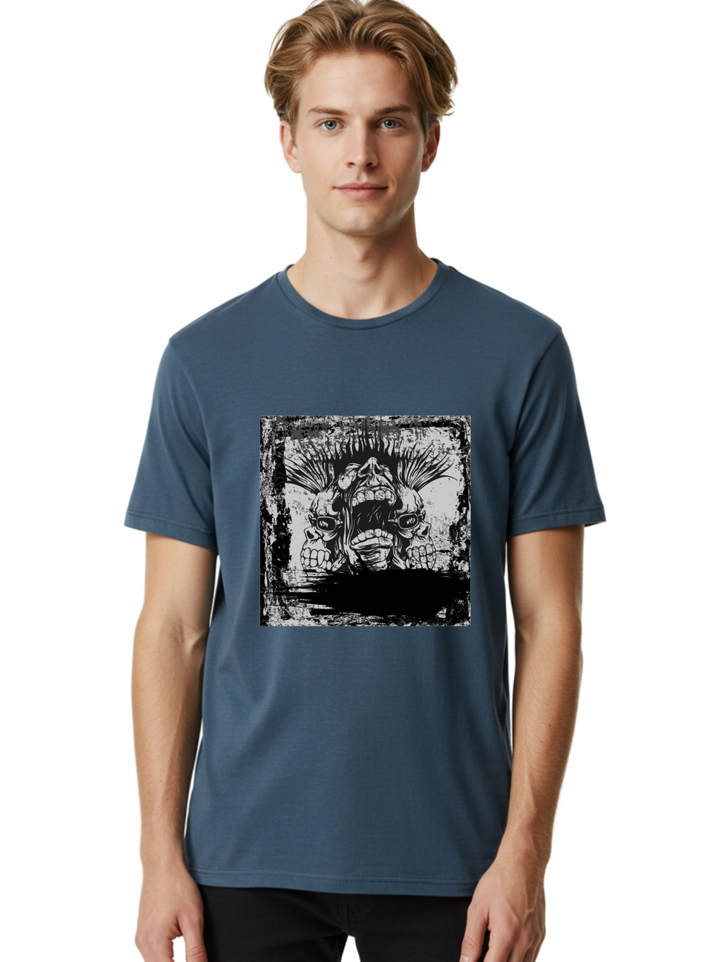 Chaos Triplet Men'S Graphic Tee, 100% Cotton, Comfortable Casual Summer Wear, Machine Washable, Punk Rock Art, Grunge Aesthetic, Triple Skull Head, Mohawk Hairstyle, Aggressive Vibe, Skull Art, Black And White Illustration, Punk Culture, Aae177
