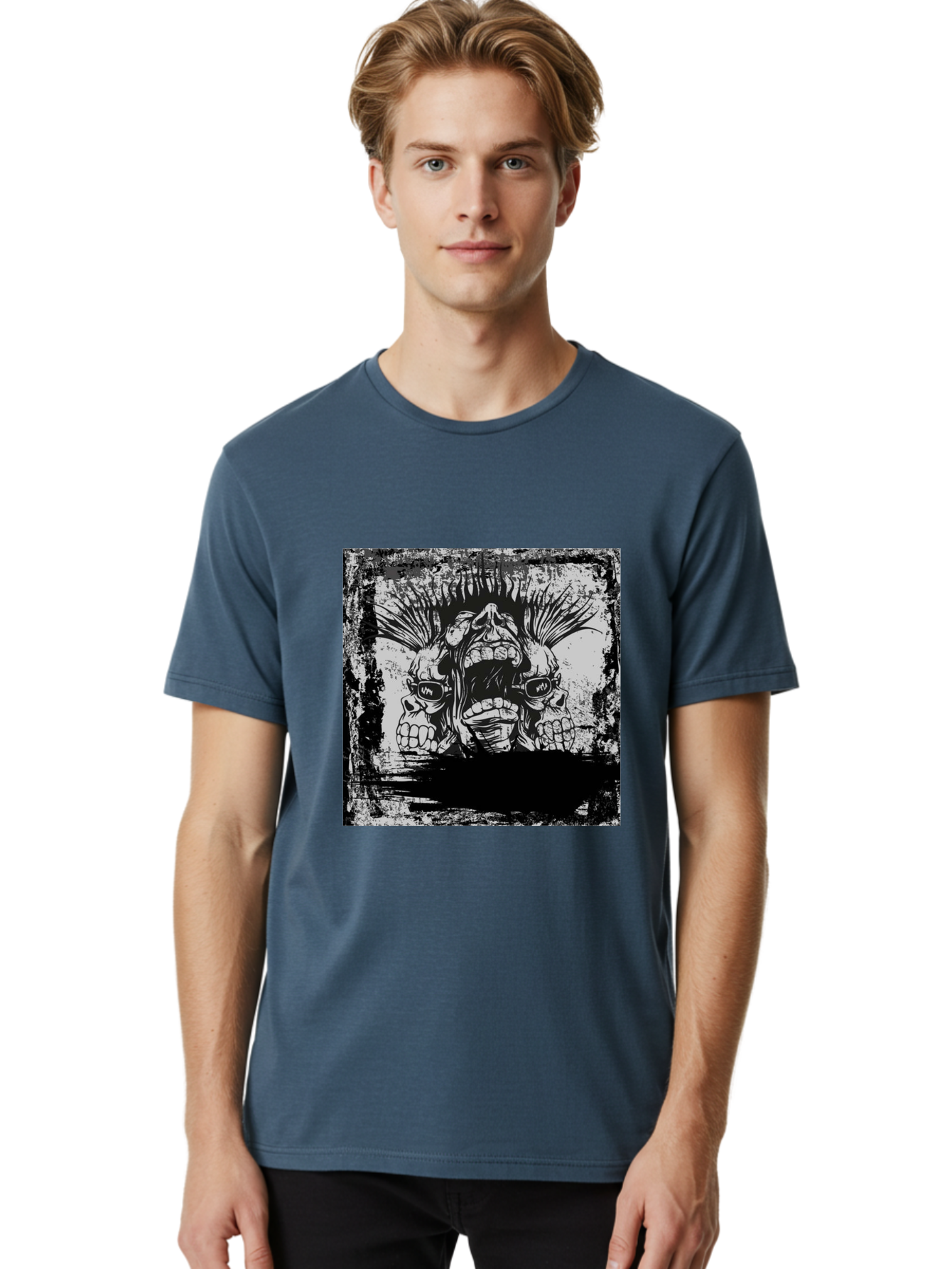 Chaos Triplet Men'S Graphic Tee, 100% Cotton, Comfortable Casual Summer Wear, Machine Washable, Punk Rock Art, Grunge Aesthetic, Triple Skull Head, Mohawk Hairstyle, Aggressive Vibe, Skull Art, Black And White Illustration, Punk Culture, Aae177