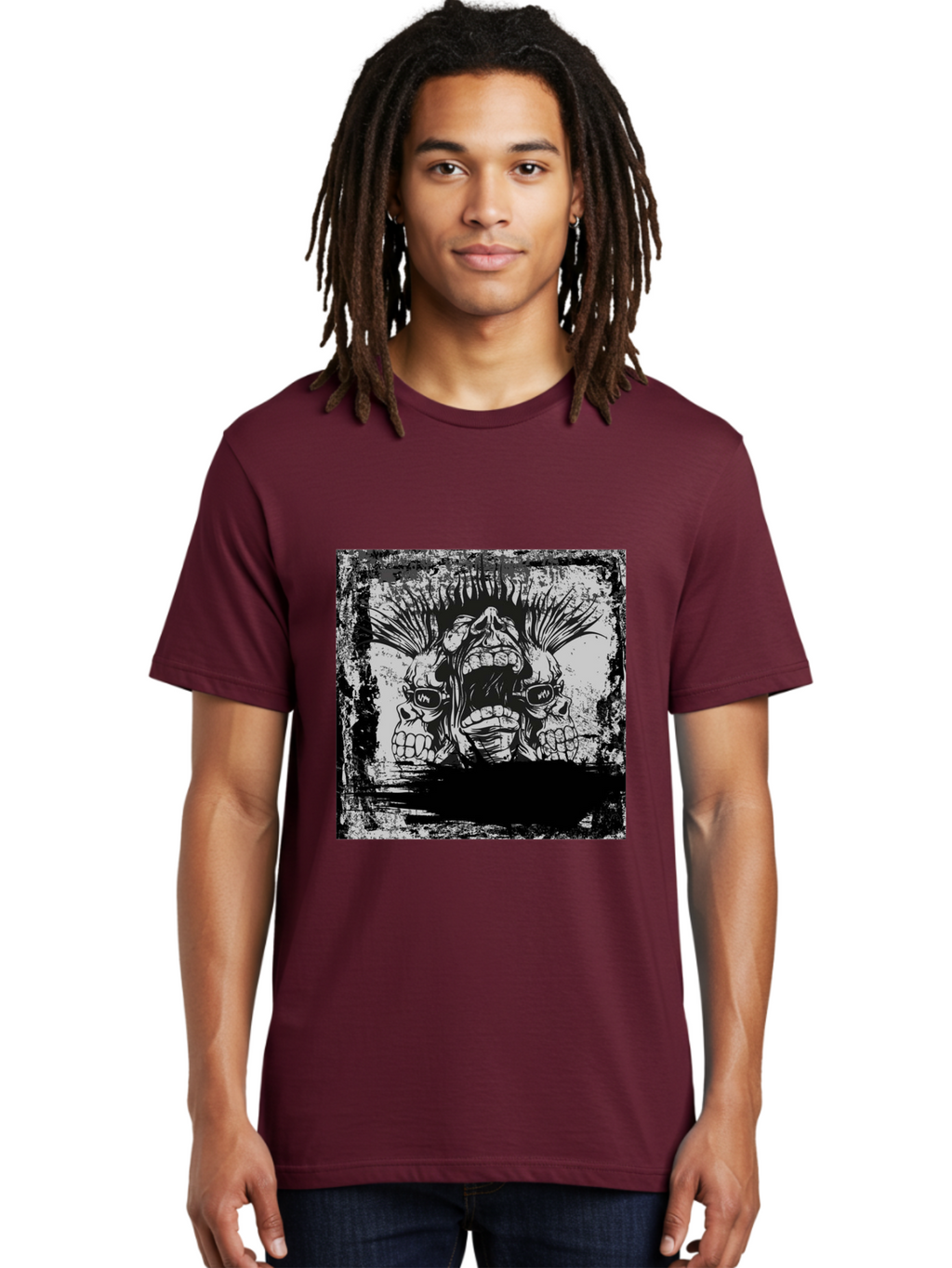 Chaos Triplet Men'S Graphic Tee, 100% Cotton, Comfortable Casual Summer Wear, Machine Washable, Punk Rock Art, Grunge Aesthetic, Triple Skull Head, Mohawk Hairstyle, Aggressive Vibe, Skull Art, Black And White Illustration, Punk Culture, Aae177
