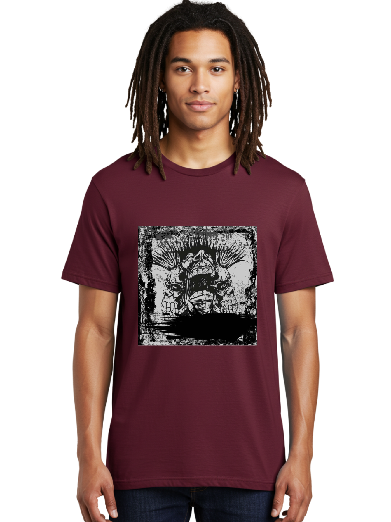 Chaos Triplet Men'S Graphic Tee, 100% Cotton, Comfortable Casual Summer Wear, Machine Washable, Punk Rock Art, Grunge Aesthetic, Triple Skull Head, Mohawk Hairstyle, Aggressive Vibe, Skull Art, Black And White Illustration, Punk Culture, Aae177