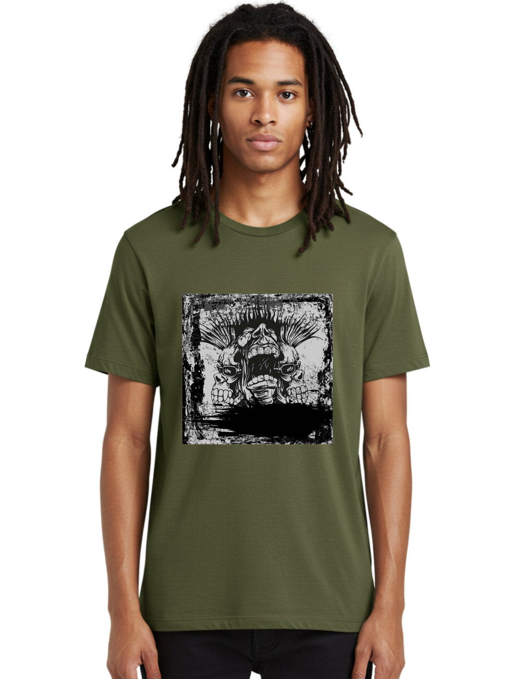Chaos Triplet Men'S Graphic Tee, 100% Cotton, Comfortable Casual Summer Wear, Machine Washable, Punk Rock Art, Grunge Aesthetic, Triple Skull Head, Mohawk Hairstyle, Aggressive Vibe, Skull Art, Black And White Illustration, Punk Culture, Aae177